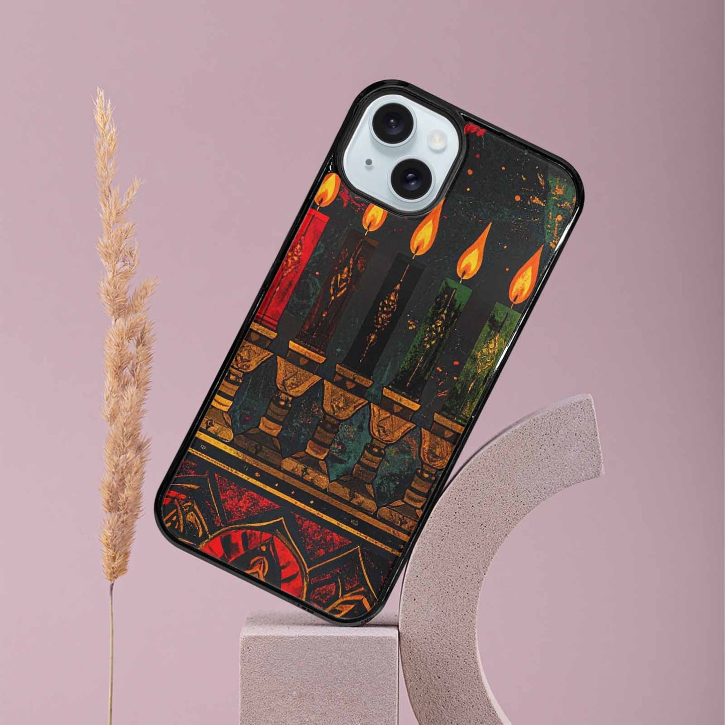 iPhone 15 Plus Case — Kwanzaa Kinara Pattern Seamless Repeat African, Custom Print Case Cover