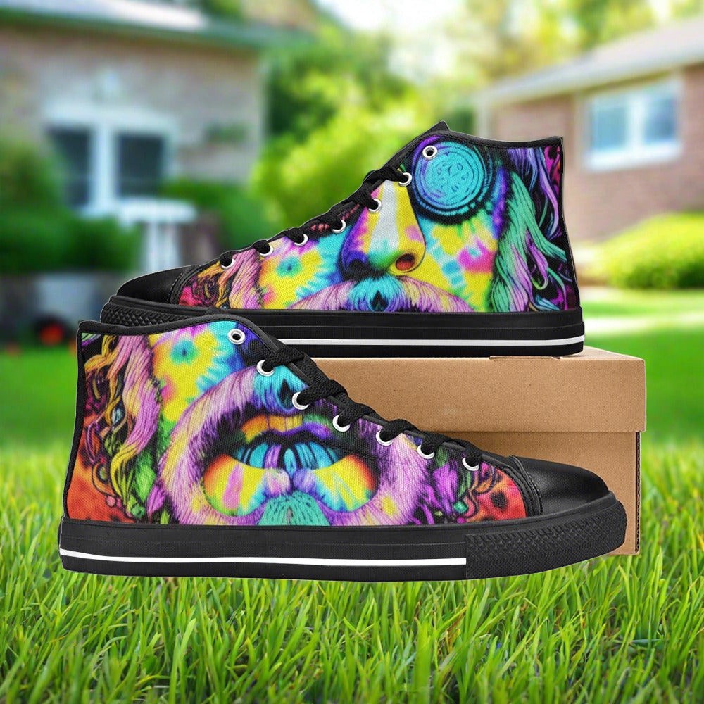 Women's Tie Dye Art hand-made high-top canvas shoes — unique wearable art by Freaky Shoes