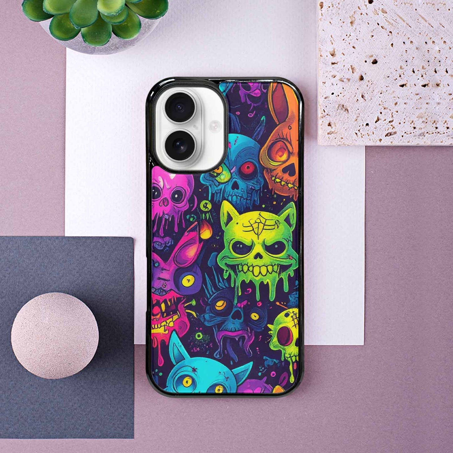 iPhone 16 Case — Mixed Toxic Glow Creature Pattern Hundreds, Custom Phone Case