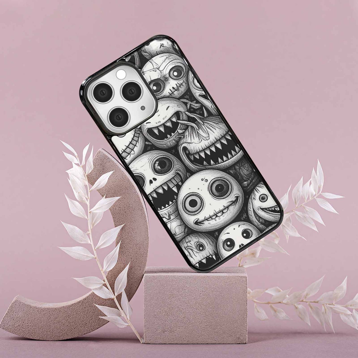 iPhone 15 Pro Max Case — Black And White Monster Face Collage, Customized Protective Case