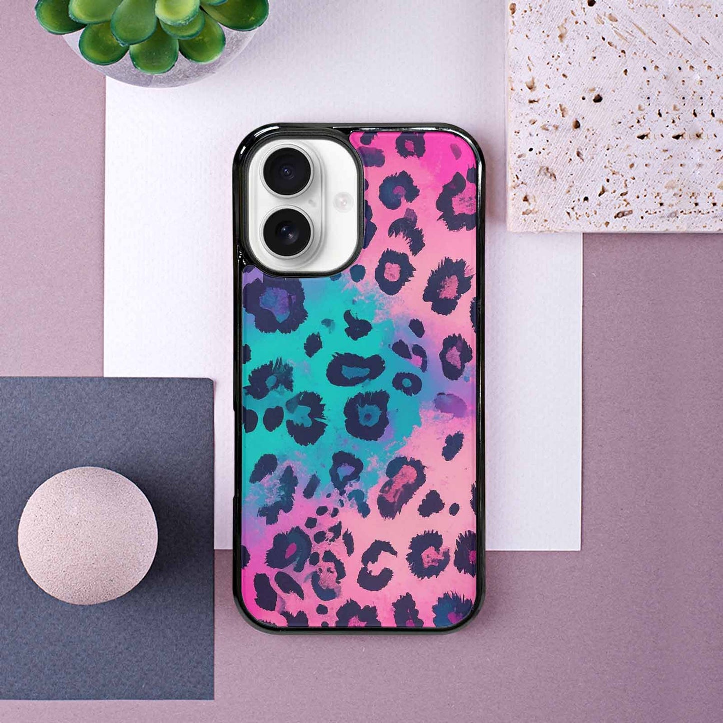 iPhone 16 Case — Leopard Neon Pink Teal Airbrush, Customized Protective Case