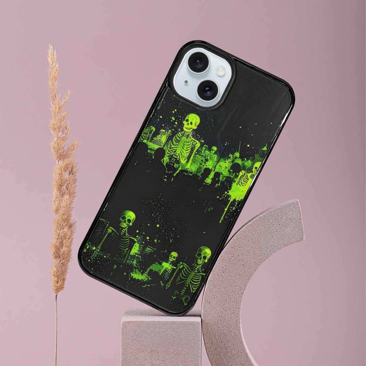 iPhone 15 Plus Case — Skeletons Neon Green Glow Skeletons Pattern, Custom Art Phone Cover