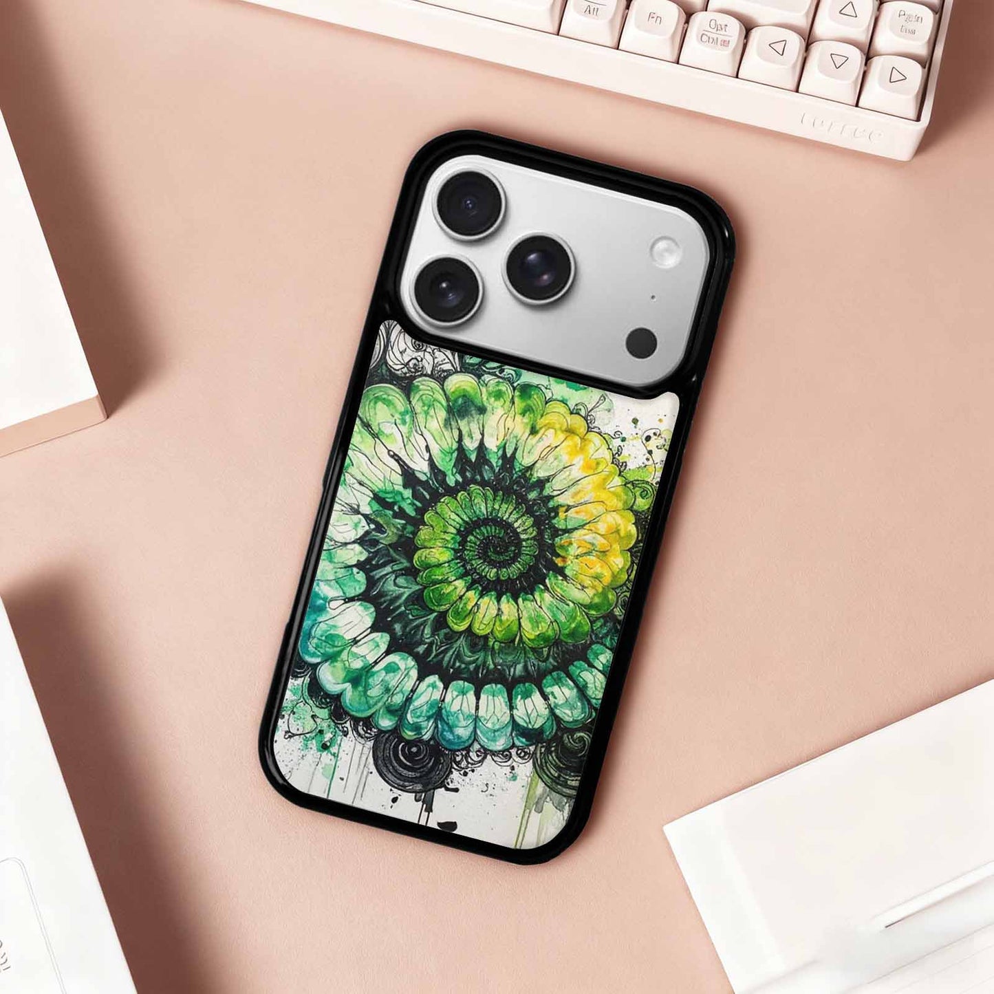 iPhone 17 Pro Case — Black Green Ink Tie Dye Tie, Custom Printed Phone Case