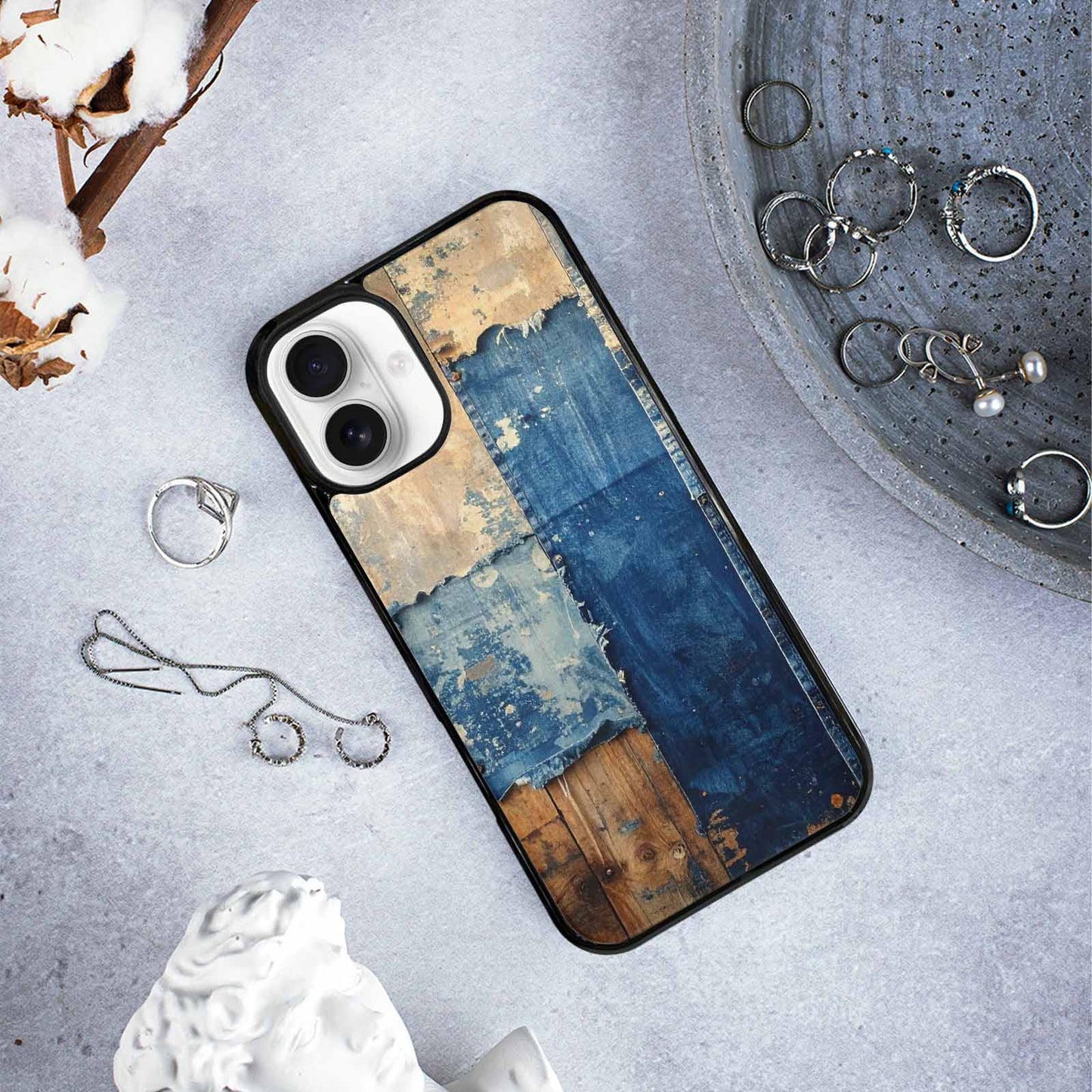 iPhone 16 Plus Case — Denim Distressed Textures Print Edge To, Customized Protective Case