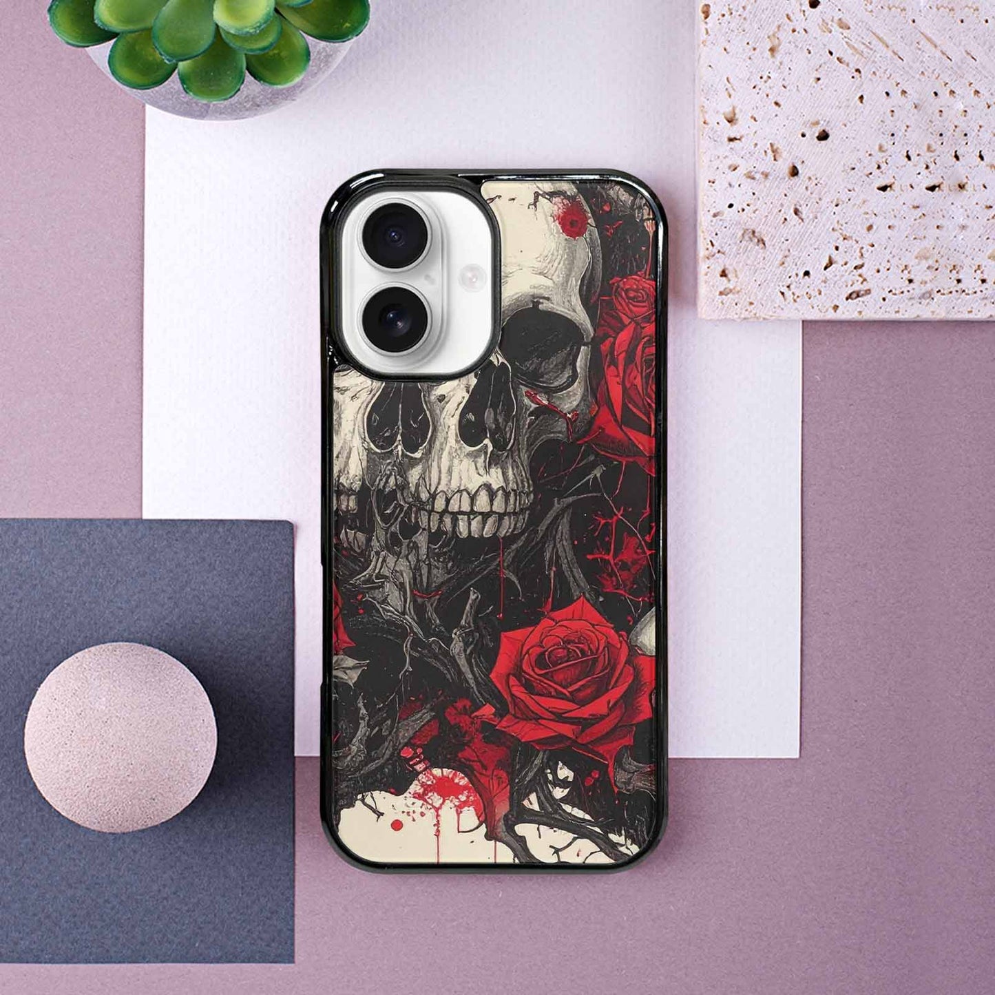 iPhone 16 Case — Skull And Roses Black Red Ink, Custom Printed Phone Case