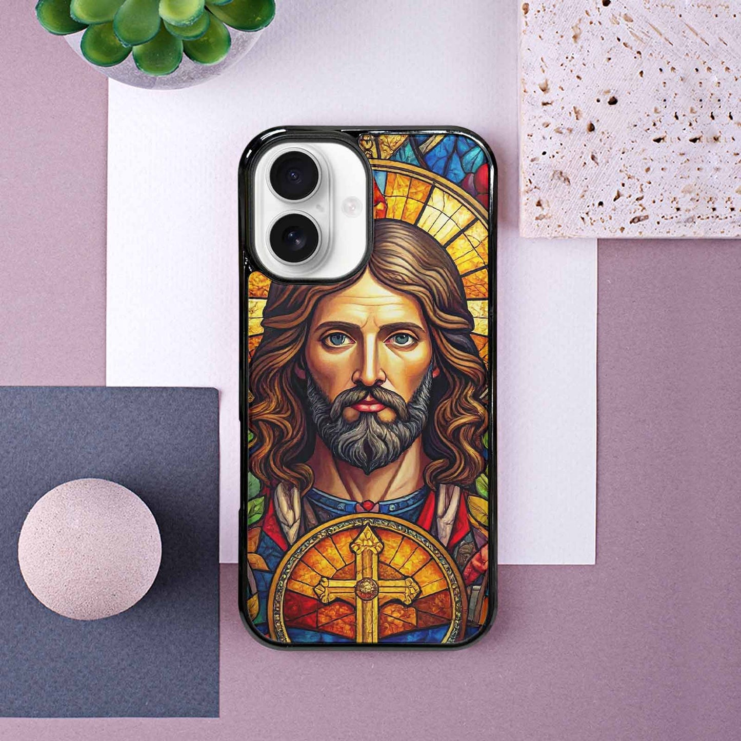 iPhone 16 Case — Jesus Face Small Cross And Faith, Custom Art Phone Cover