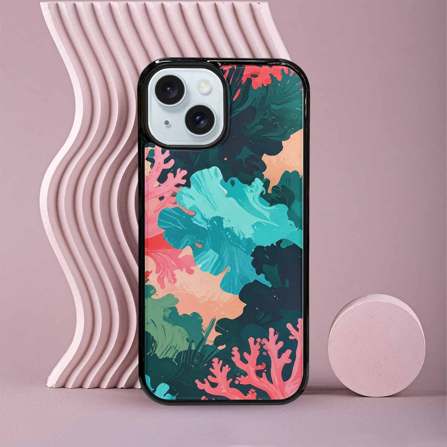 iPhone 15 Case — Camo Coral Turquoise, Original Design Phone Case