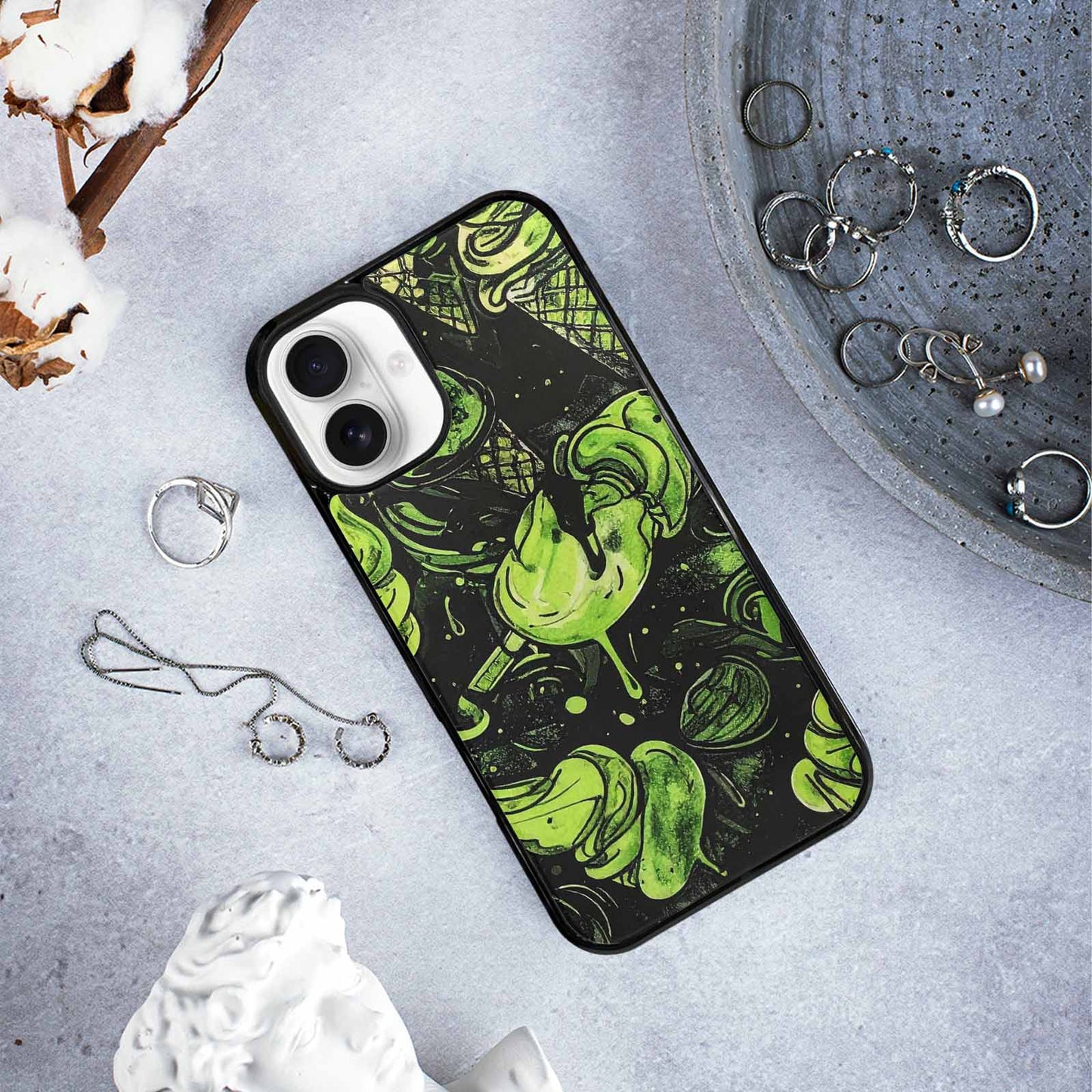 iPhone 16 Plus Case — Ice Cream Motif Black Green Ink, Custom Made Phone Cover
