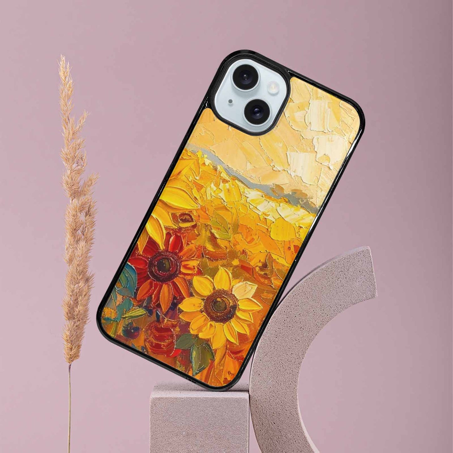 iPhone 15 Plus Case — Impressionist Sunflower Brushstroke Pattern Hundreds Of, Custom Made Phone Cover