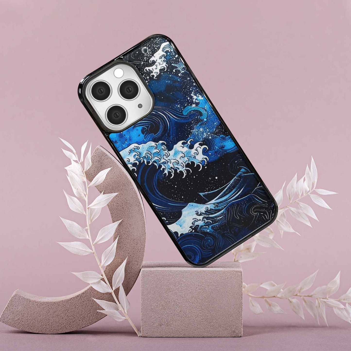 iPhone 15 Pro Max Case — Nautical Wave Black Blue Ink Wave, Customized Protective Case