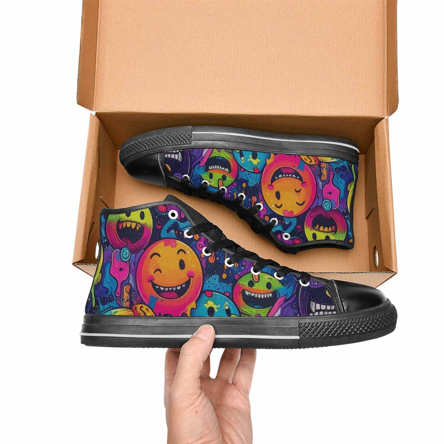 MEN'S Yellow Smiley Face High Top Canvas Vivid Sneakers
