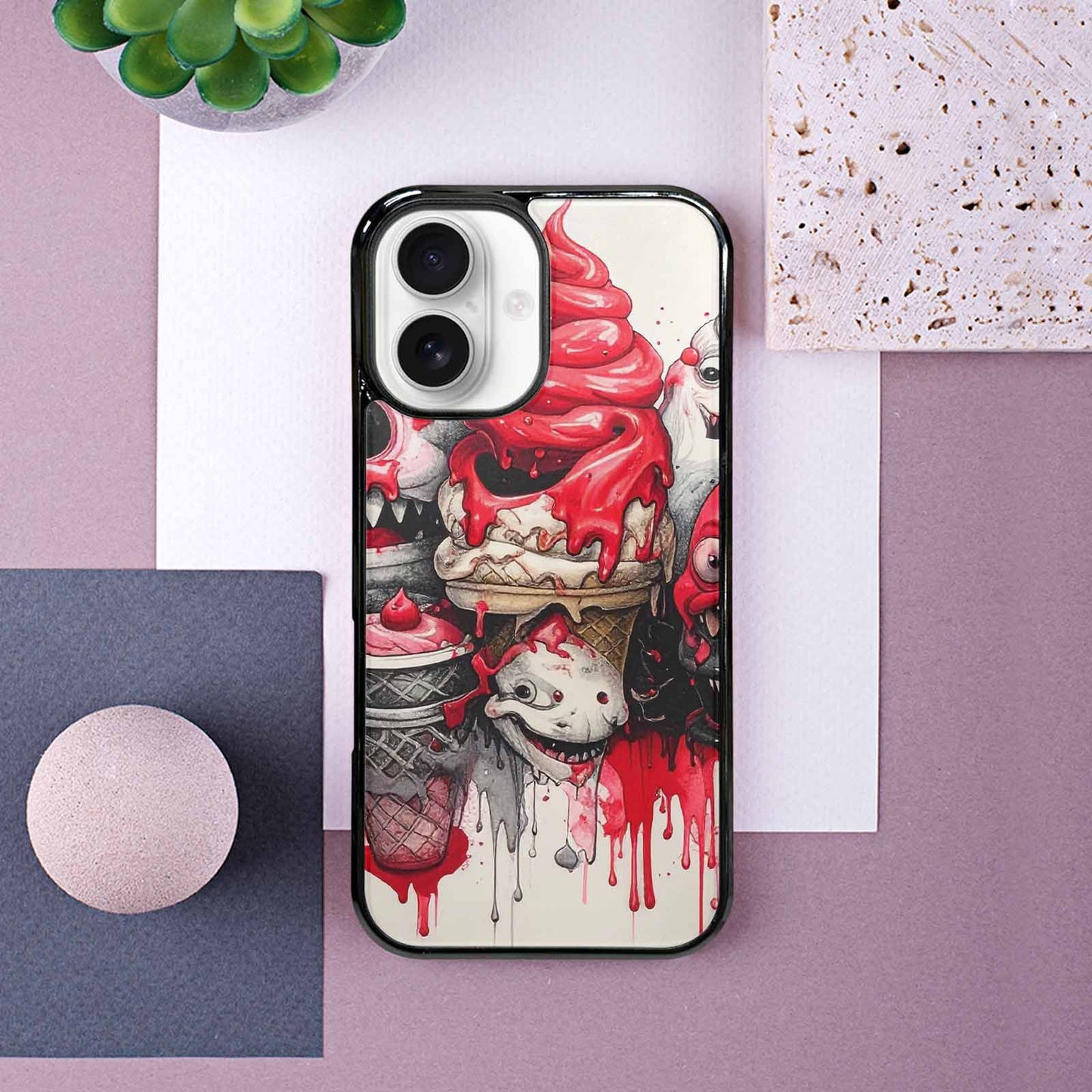 iPhone 16 Case — Ice Cream Monsters Black Red Ink, Custom Phone Case