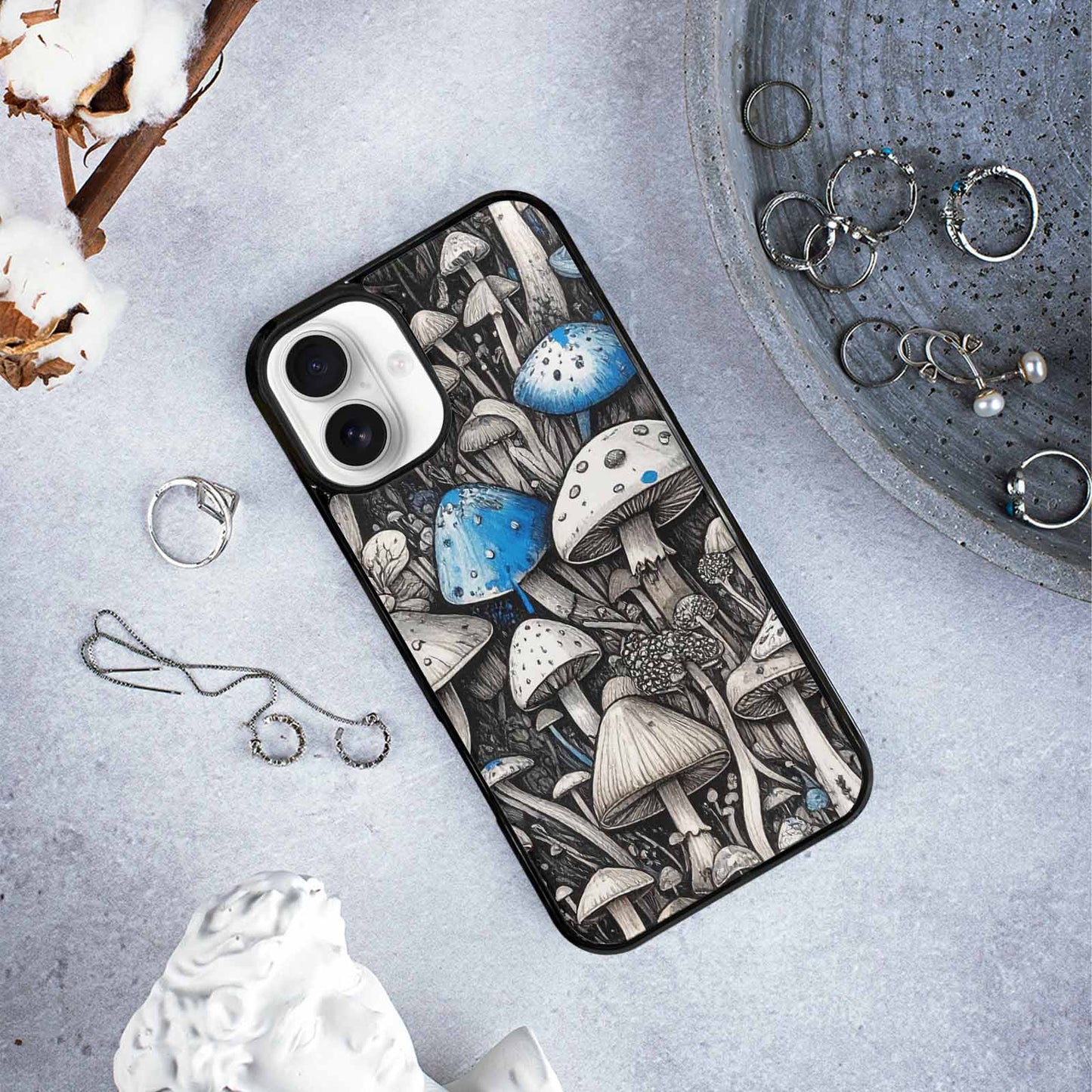 iPhone 16 Plus Case — Mushrooms General Black Blue Ink Mushrooms, Customized Protective Case
