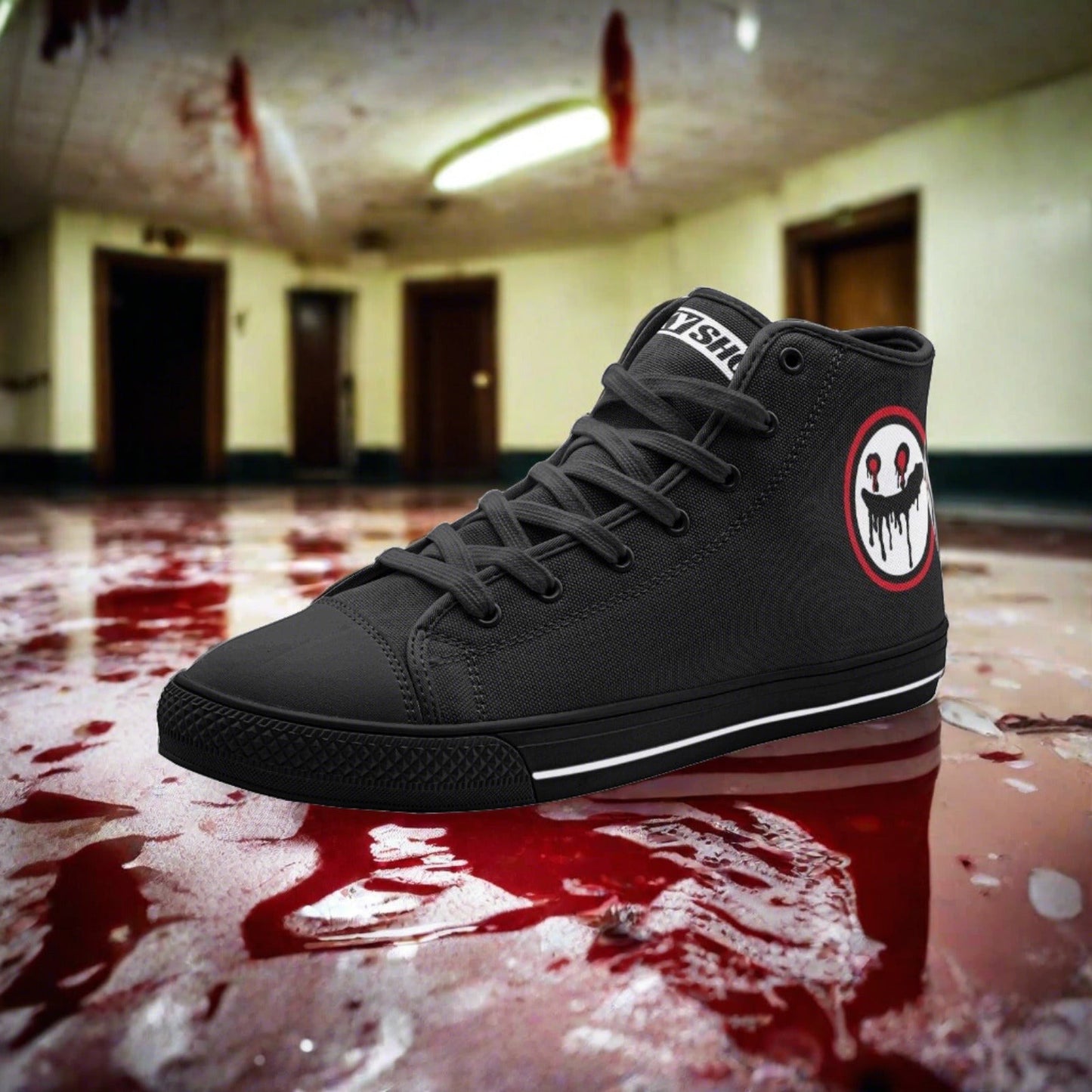 Custom Freaky Black high-top canvas shoes with bold all-over art — Freaky Shoes