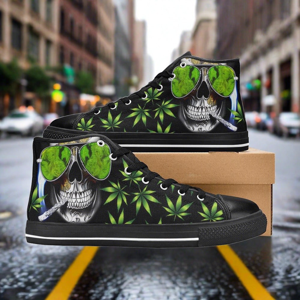 Women's Skull Weed Art hand-made high-top canvas shoes — unique wearable art by Freaky Shoes