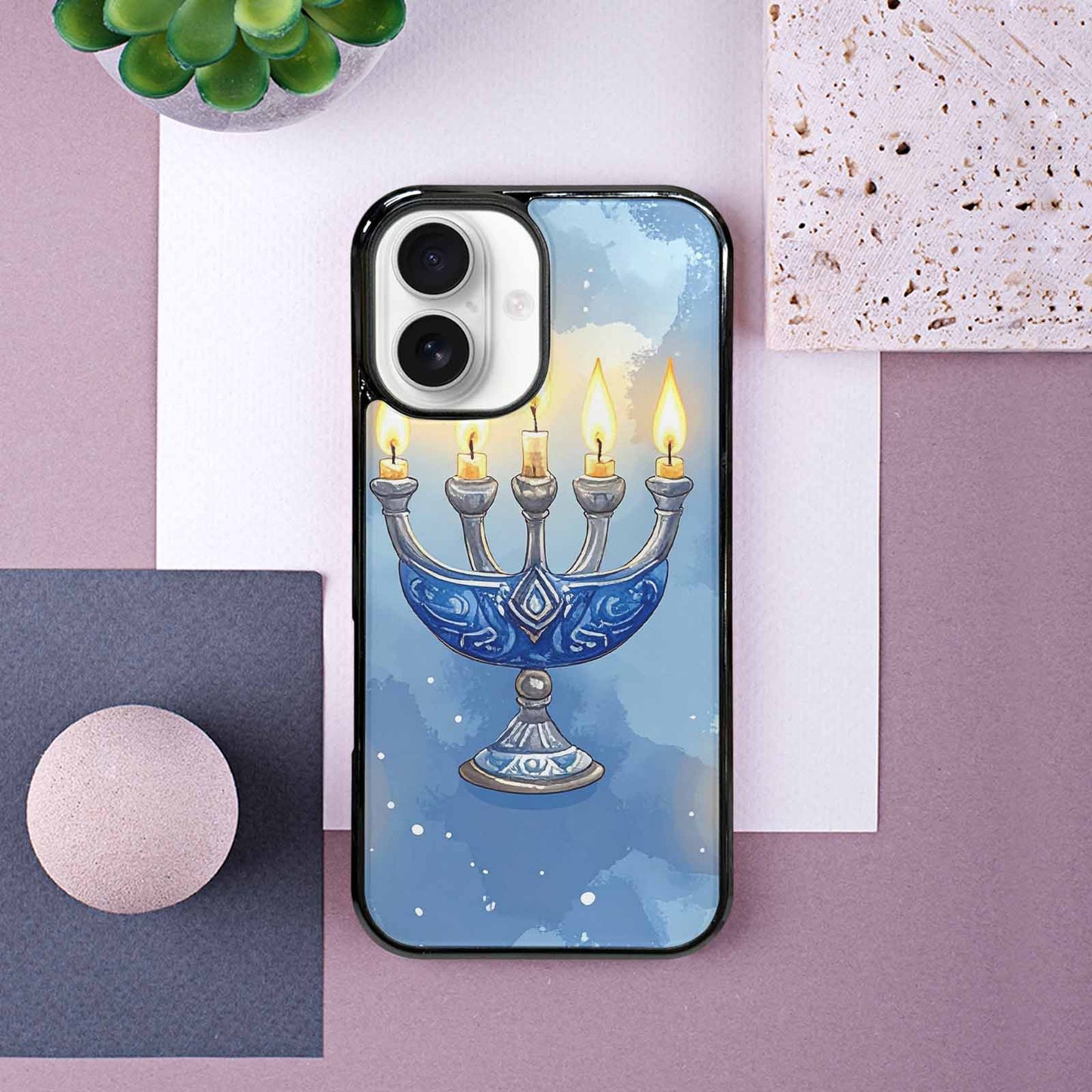 iPhone 16 Case — Hanukkah Menorah Pattern Seamless Repeat Jewish, Personalized Phone Case