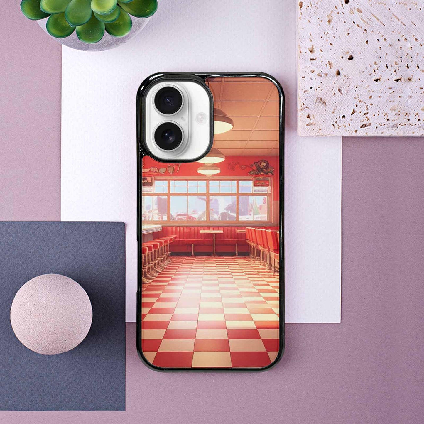 iPhone 16 Case — 1950s Diner Cartoon Art Pattern, Custom Phone Case