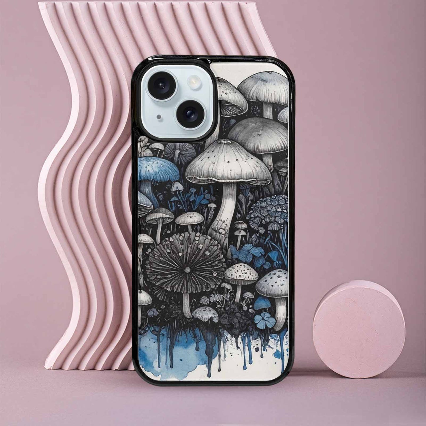 iPhone 15 Case — Mushrooms General Black Blue Ink Mushrooms, Custom Phone Case