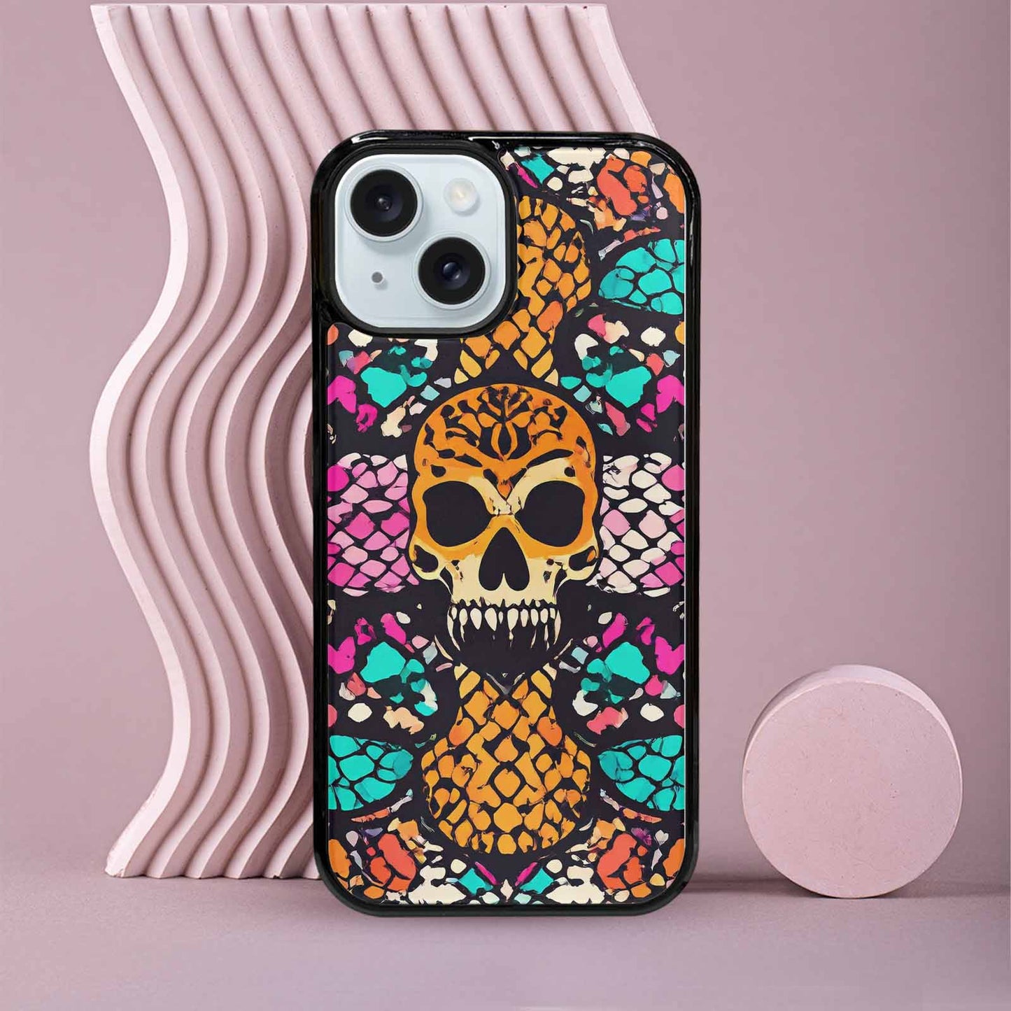 iPhone 15 Case — Snake Print Skull, Personalized Phone Case