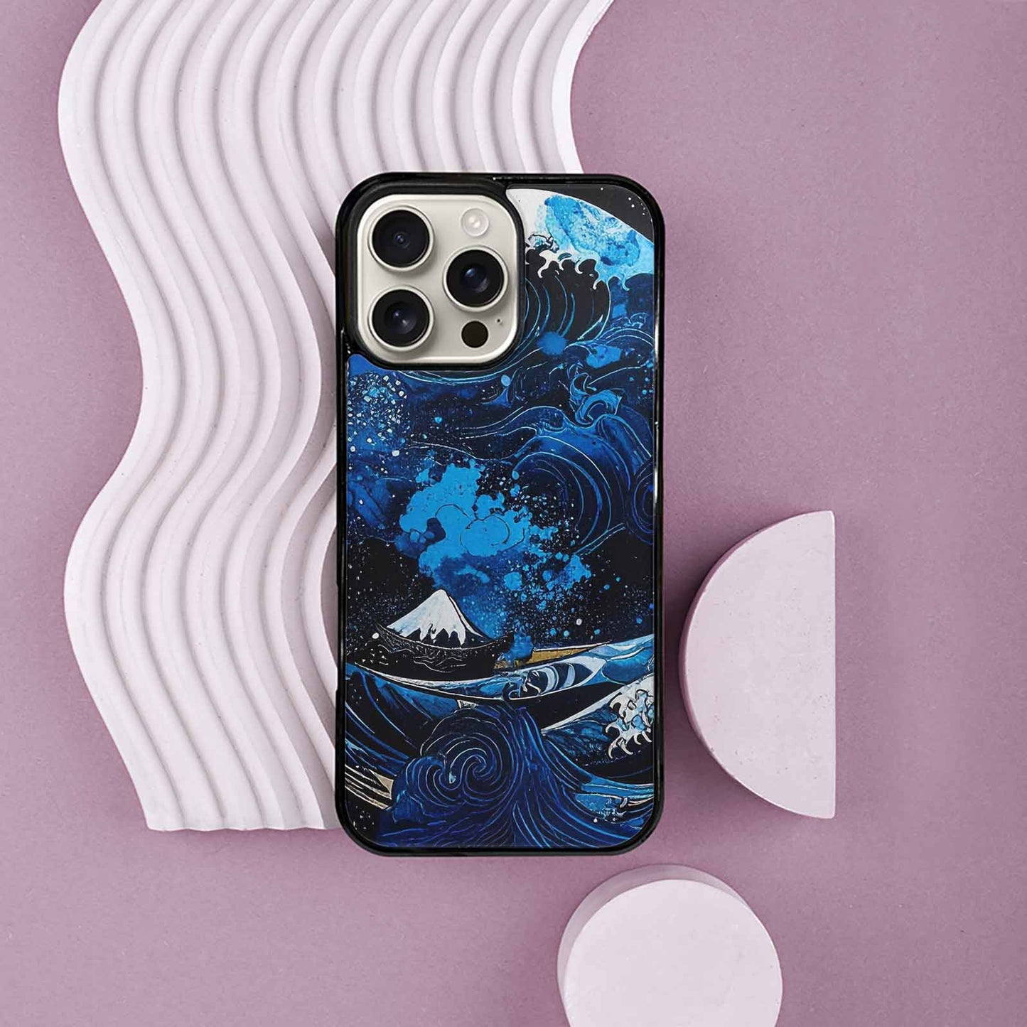 iPhone 16 Pro Max Case — Nautical Wave Black Blue Ink Wave, Unique Phone Case Design