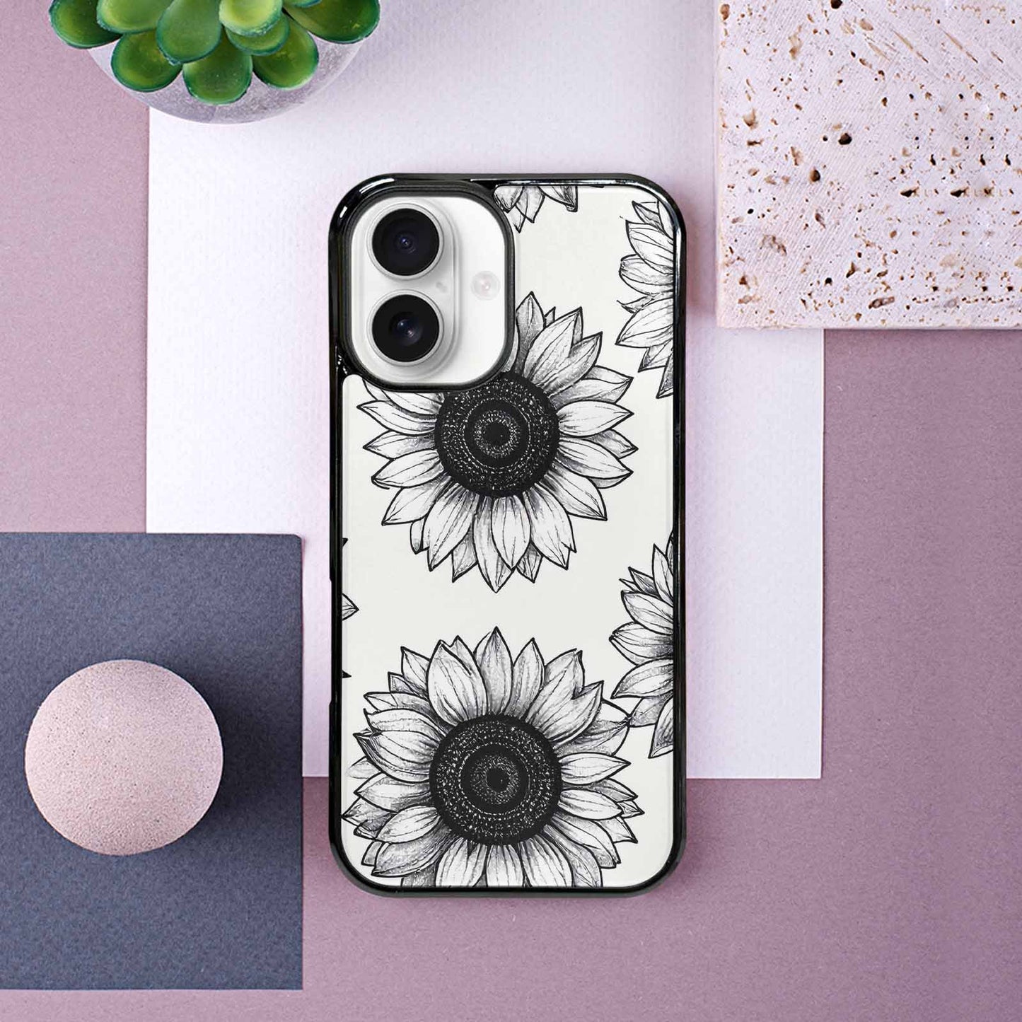 iPhone 16 Case — Minimalist Line Art Sunflower, Custom Phone Case