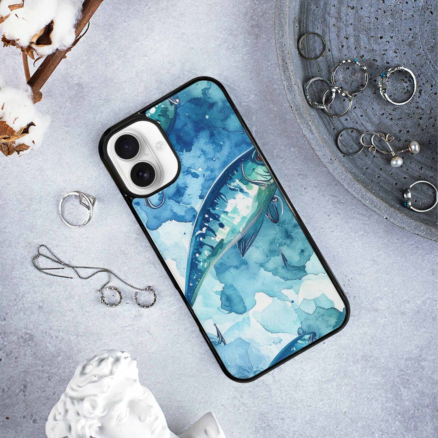 iPhone 16 Plus Case — Fishing Lure And Hook Pattern Seamless, Custom Designed Case Cover