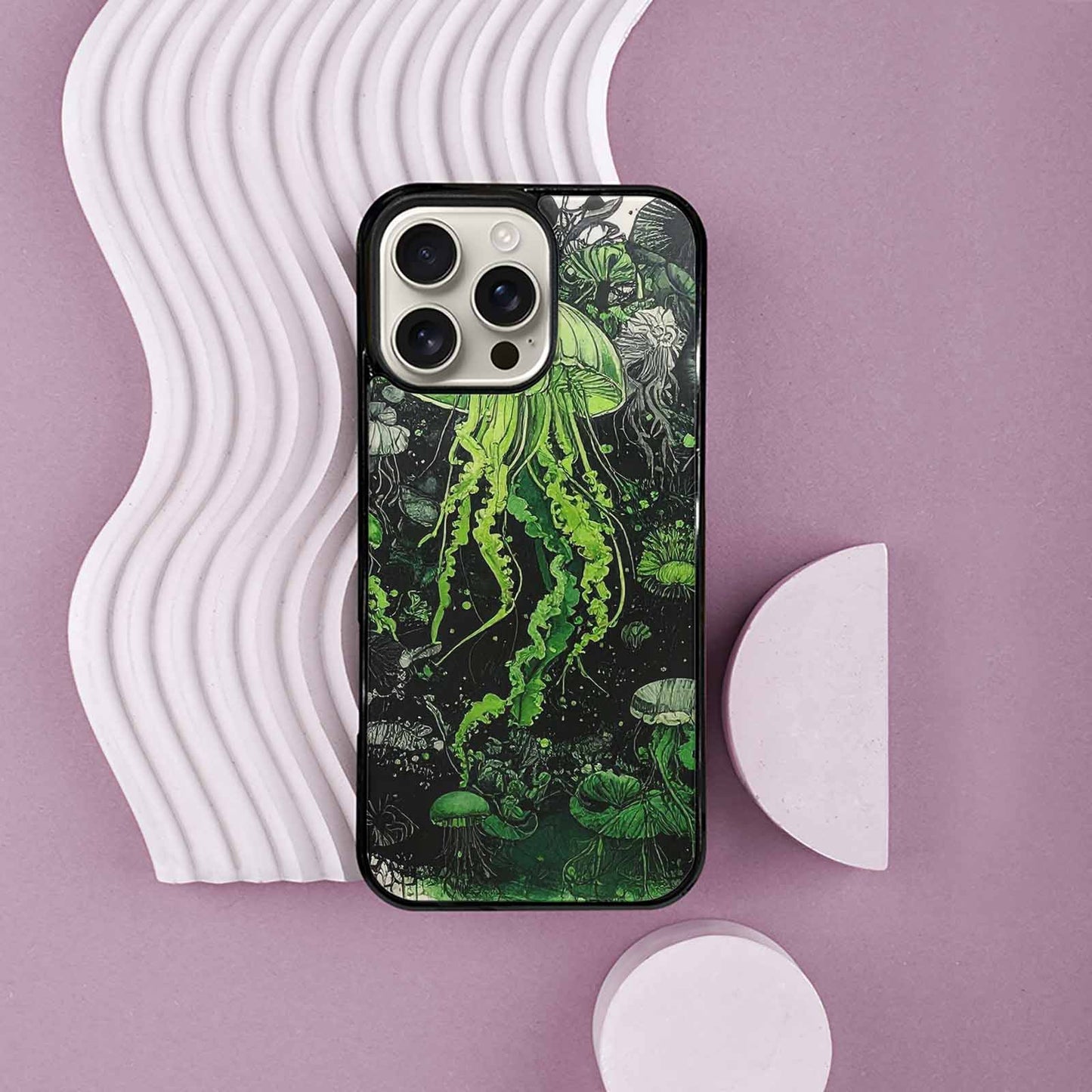 iPhone 16 Pro Max Case — Sea Creature Burst Black Green Ink, Custom Art Phone Cover
