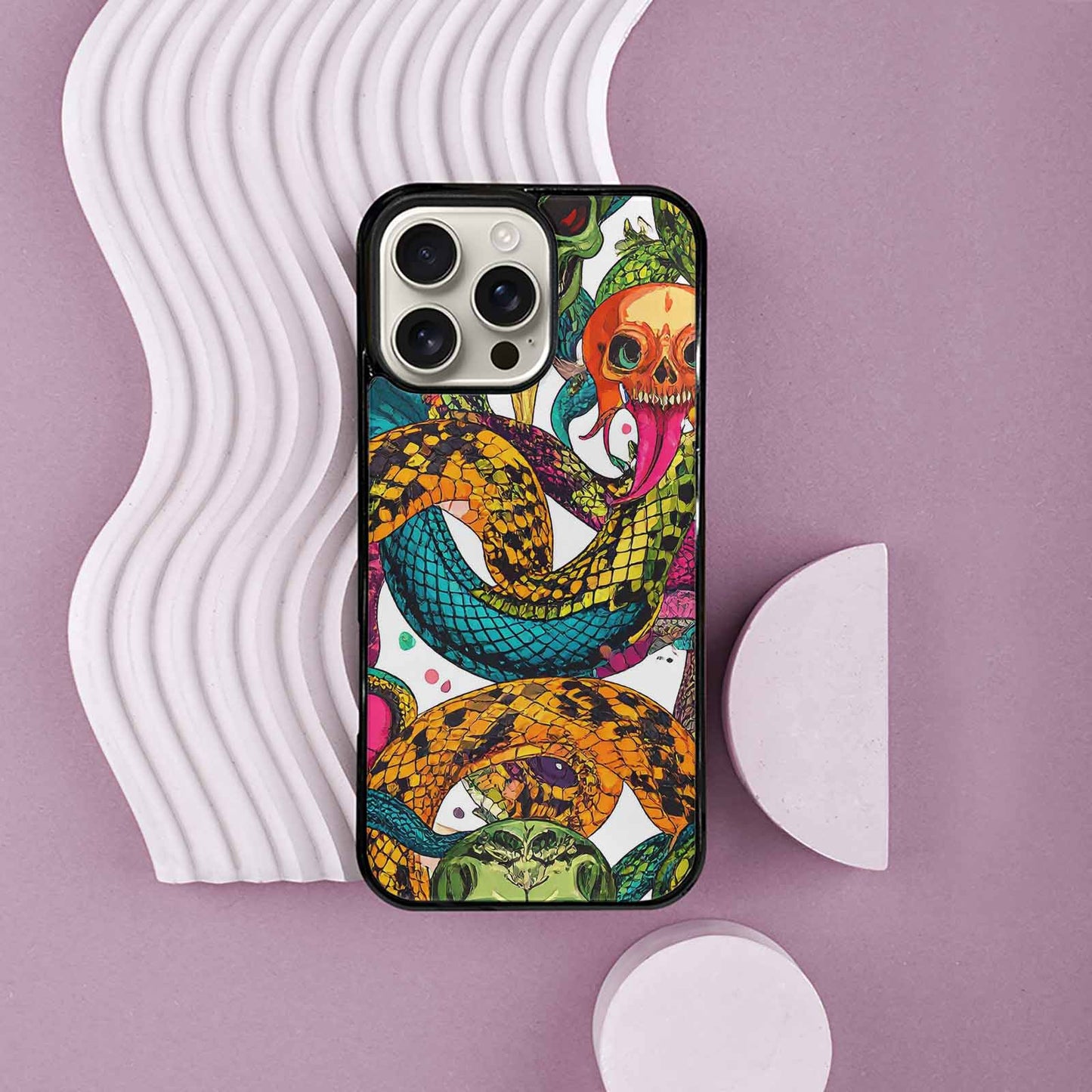 iPhone 16 Pro Max Case — Snake Print Skull, Unique Phone Case Design