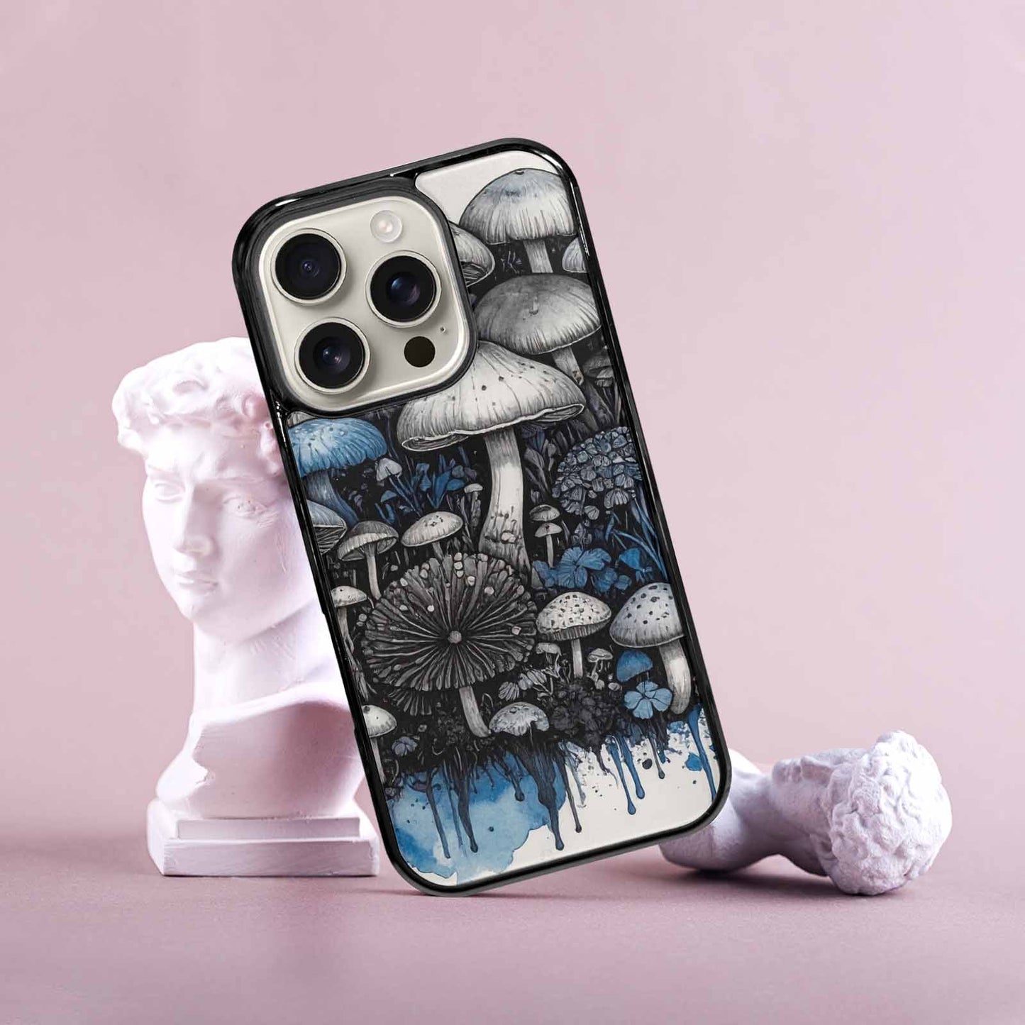 iPhone 16 Pro Case — Mushrooms General Black Blue Ink Mushrooms, Custom Art Phone Cover