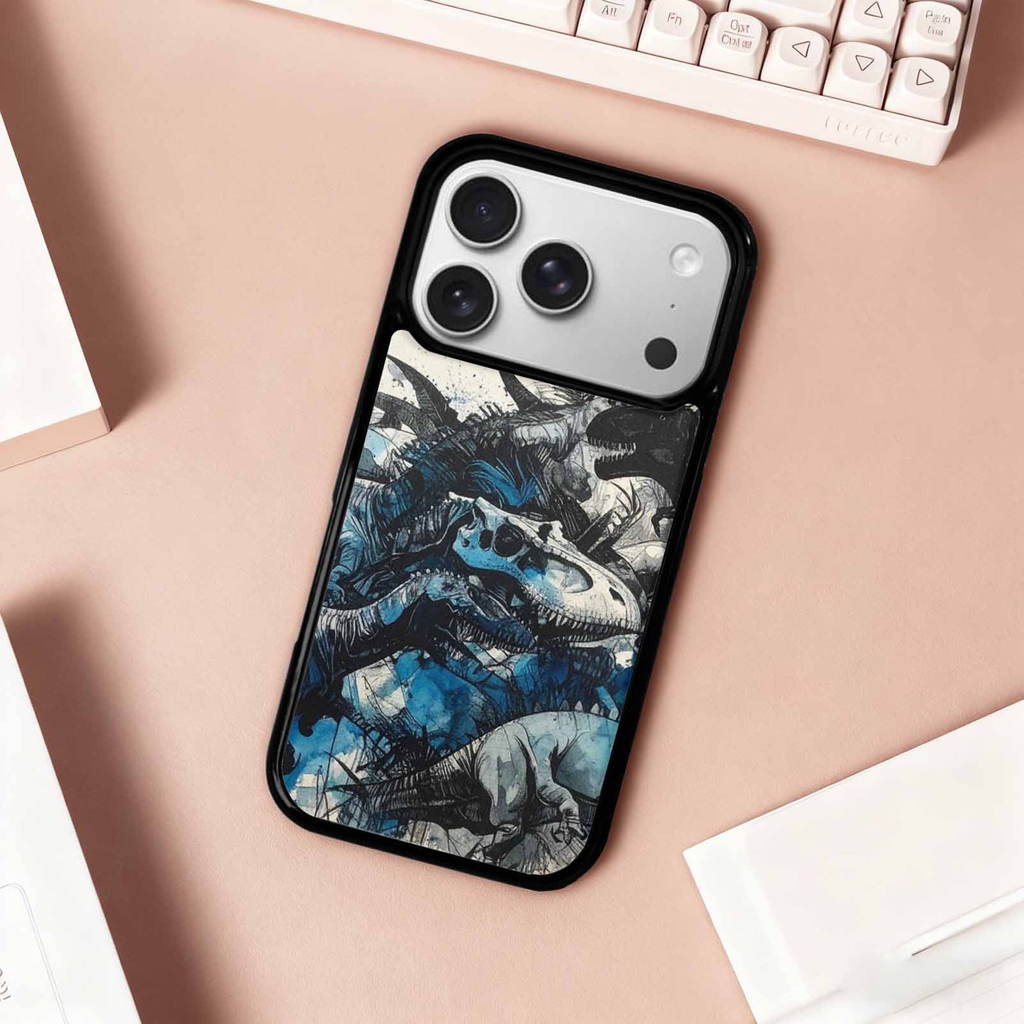 iPhone 17 Pro Case — Black Blue Ink Dinosaur Burst Original, Custom Designed Case Cover