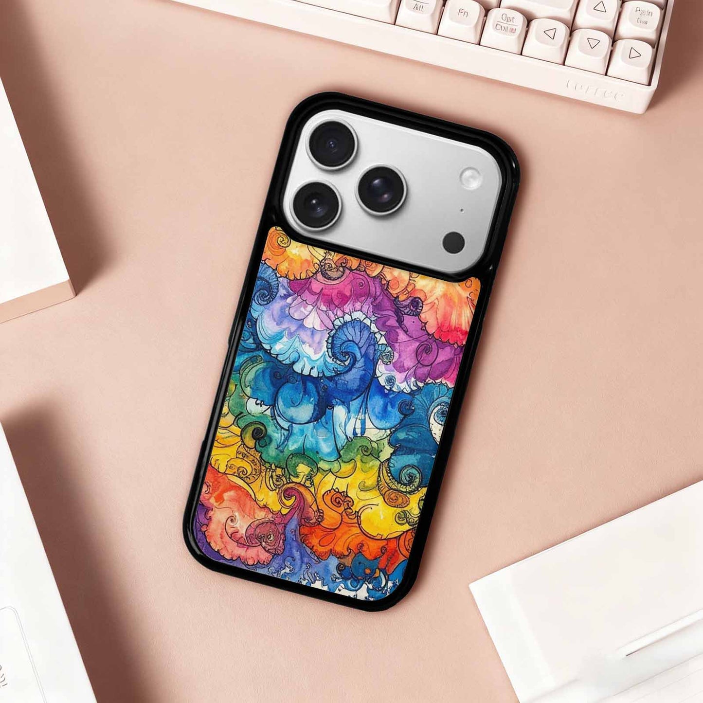 iPhone 17 Pro Case — Tie Dye Swirls Black Blue Tie, Custom Phone Case