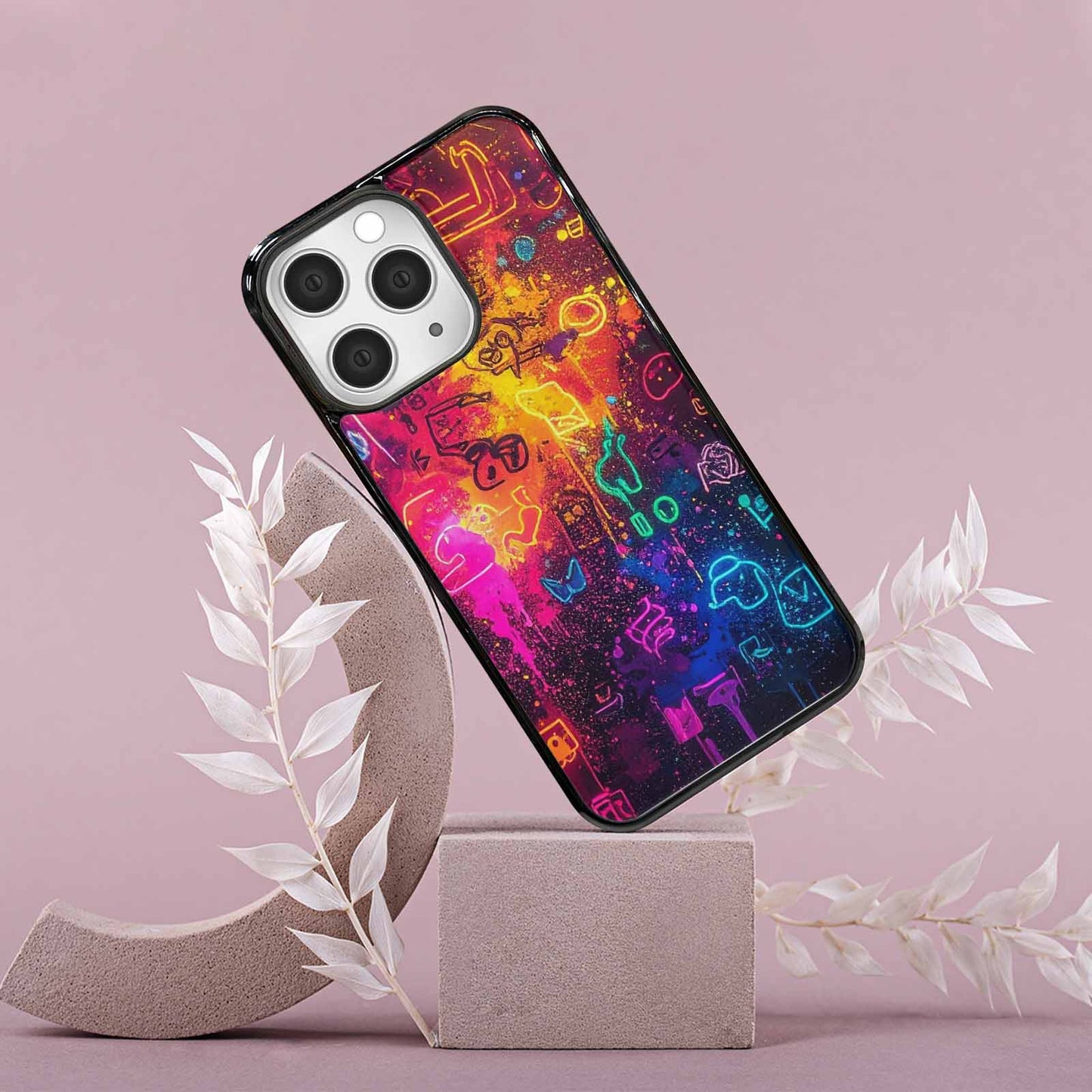 iPhone 15 Pro Max Case — Neon Glow Outline Icon Pattern Hundreds, Original Design Phone Case