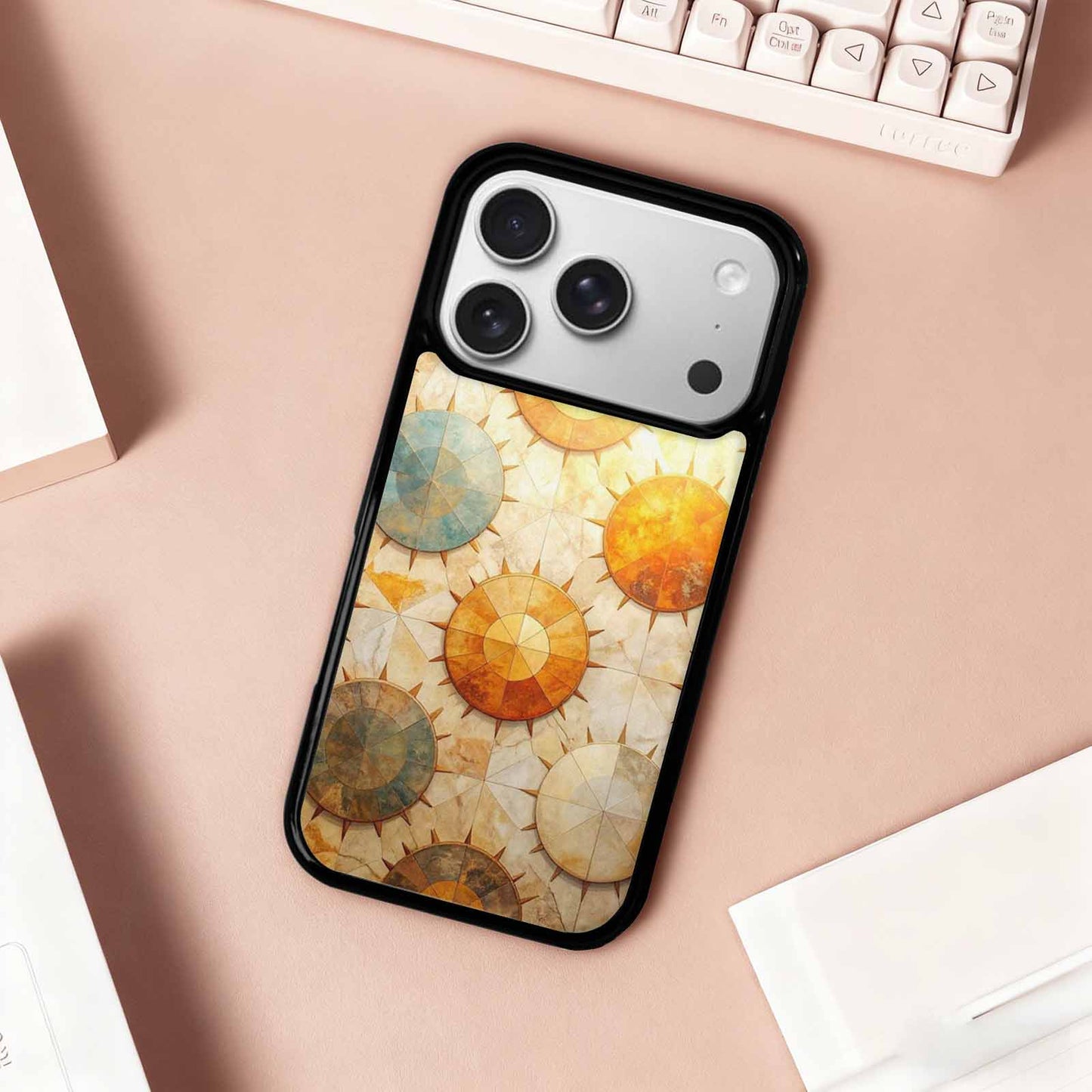 iPhone 17 Pro Case — Distressed Marble Sun Disc Original Art, Custom Printed Phone Case