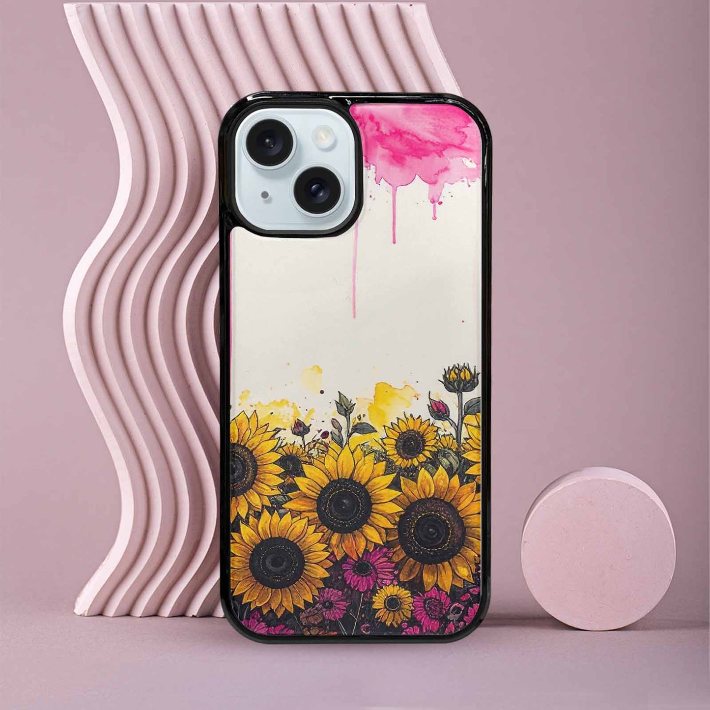 iPhone 15 Case — Sunflower Burst Black Pink Ink Sunflowers, Custom Phone Case