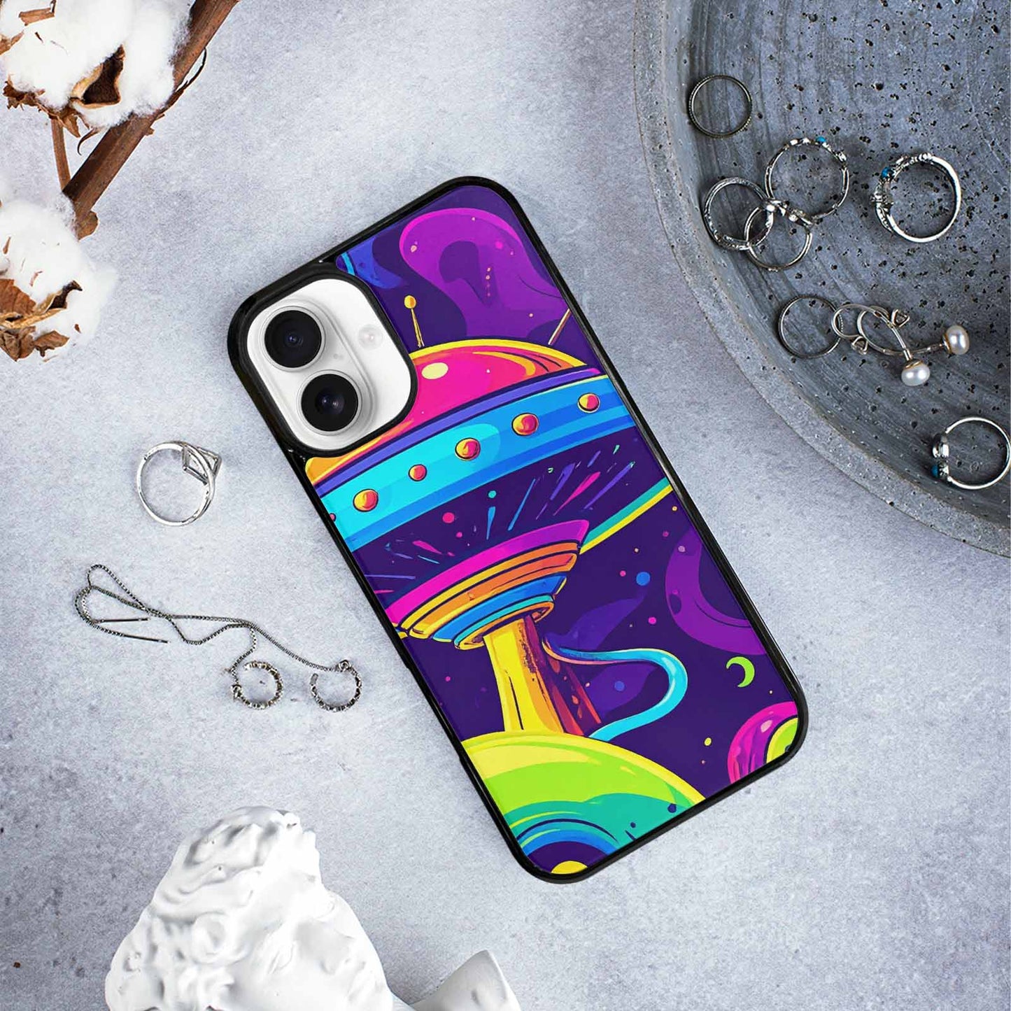 iPhone 16 Plus Case — Alien Ufo Cartoon Art Pattern Groovy, Custom Made Phone Cover