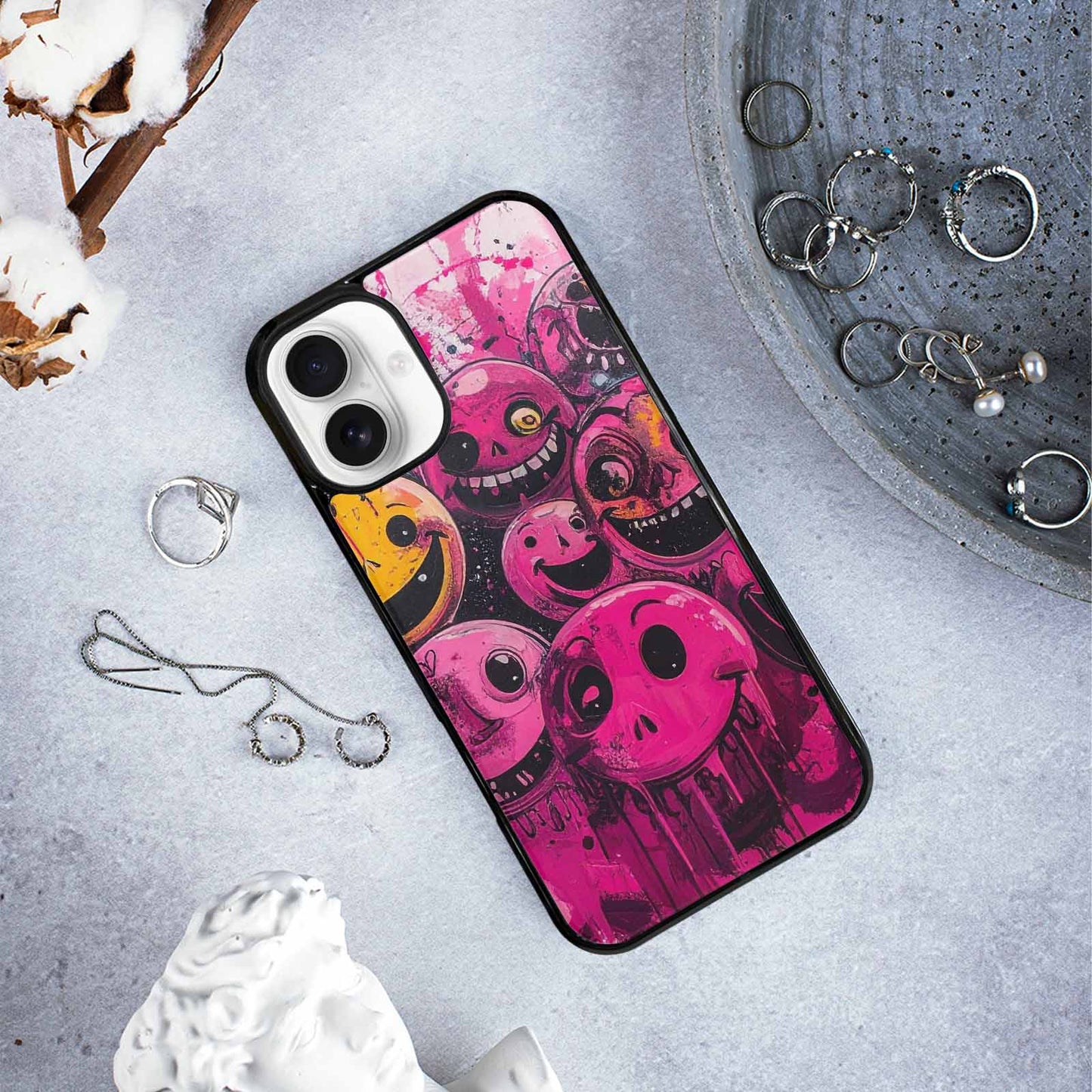 iPhone 16 Plus Case — Melting Moon Smiley Black Pink Ink, Personalized Phone Case