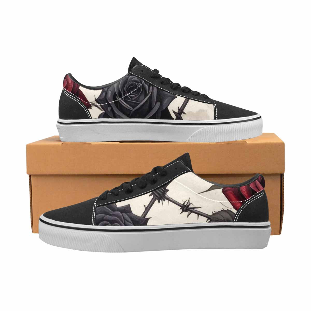 WOMEN'S Black Gothic Rose Canvas Lace-Up Cottagecore Sneakers