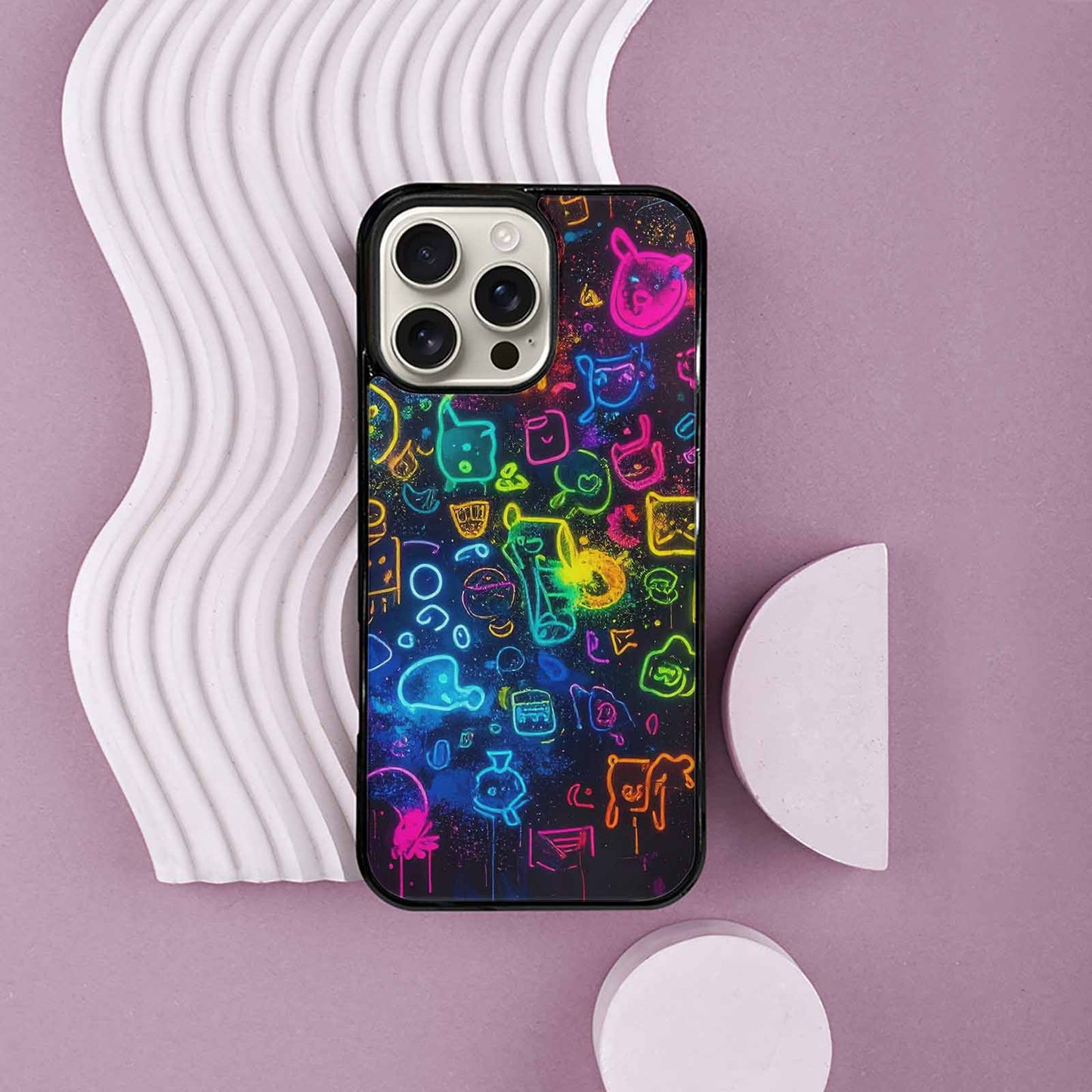 iPhone 16 Pro Max Case — Neon Glow Outline Icon Pattern Hundreds, Custom Art Phone Cover
