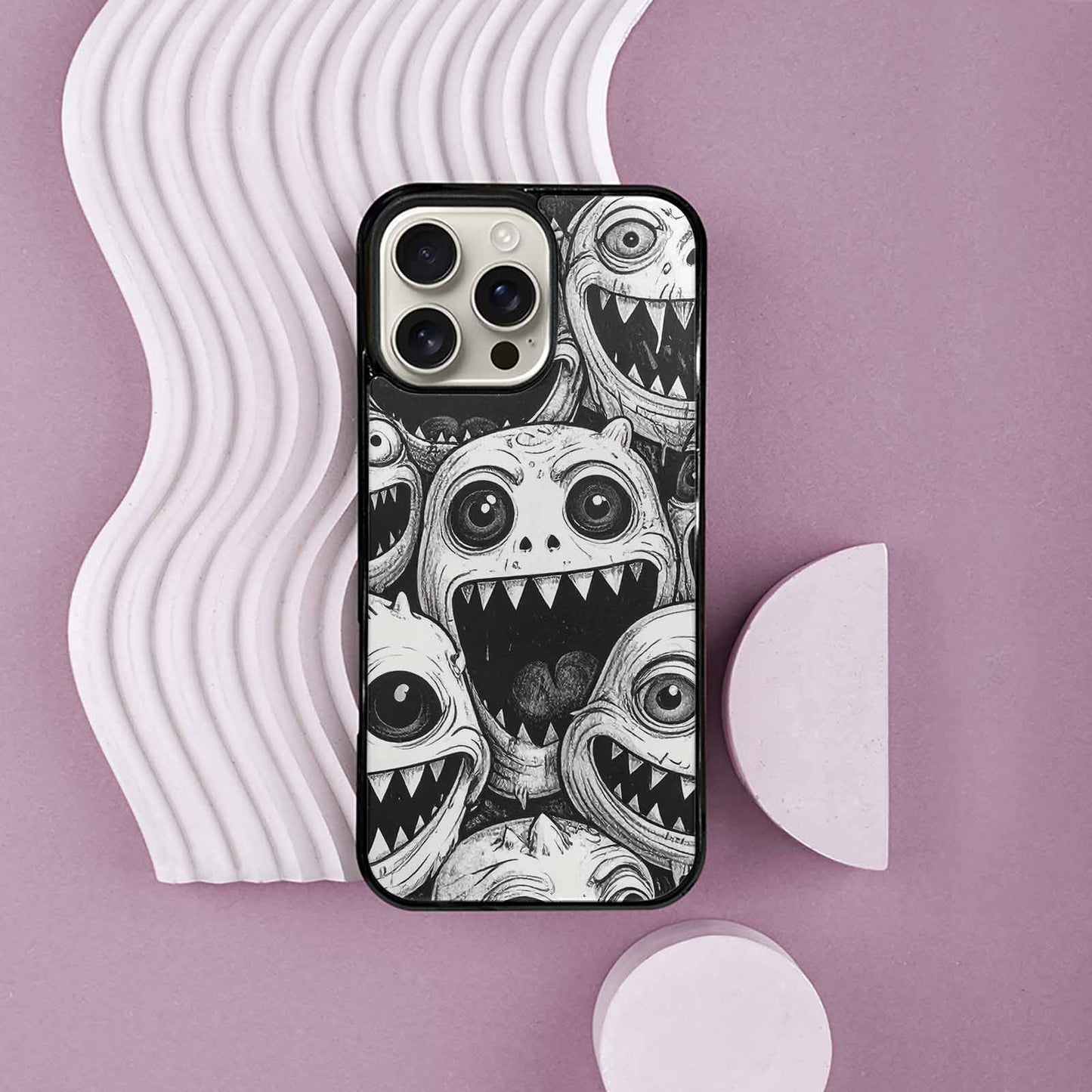 iPhone 16 Pro Max Case — Black And White Monster Face Collage, Custom Printed Phone Case