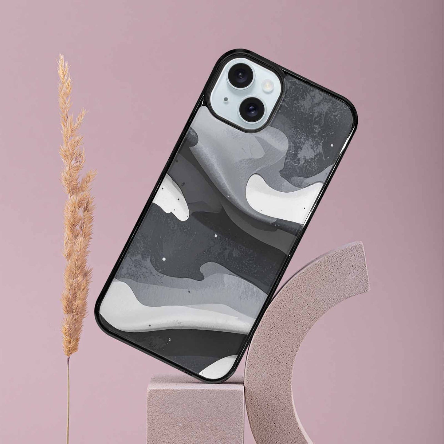 iPhone 15 Plus Case — Grey Camo Print, Custom Phone Case