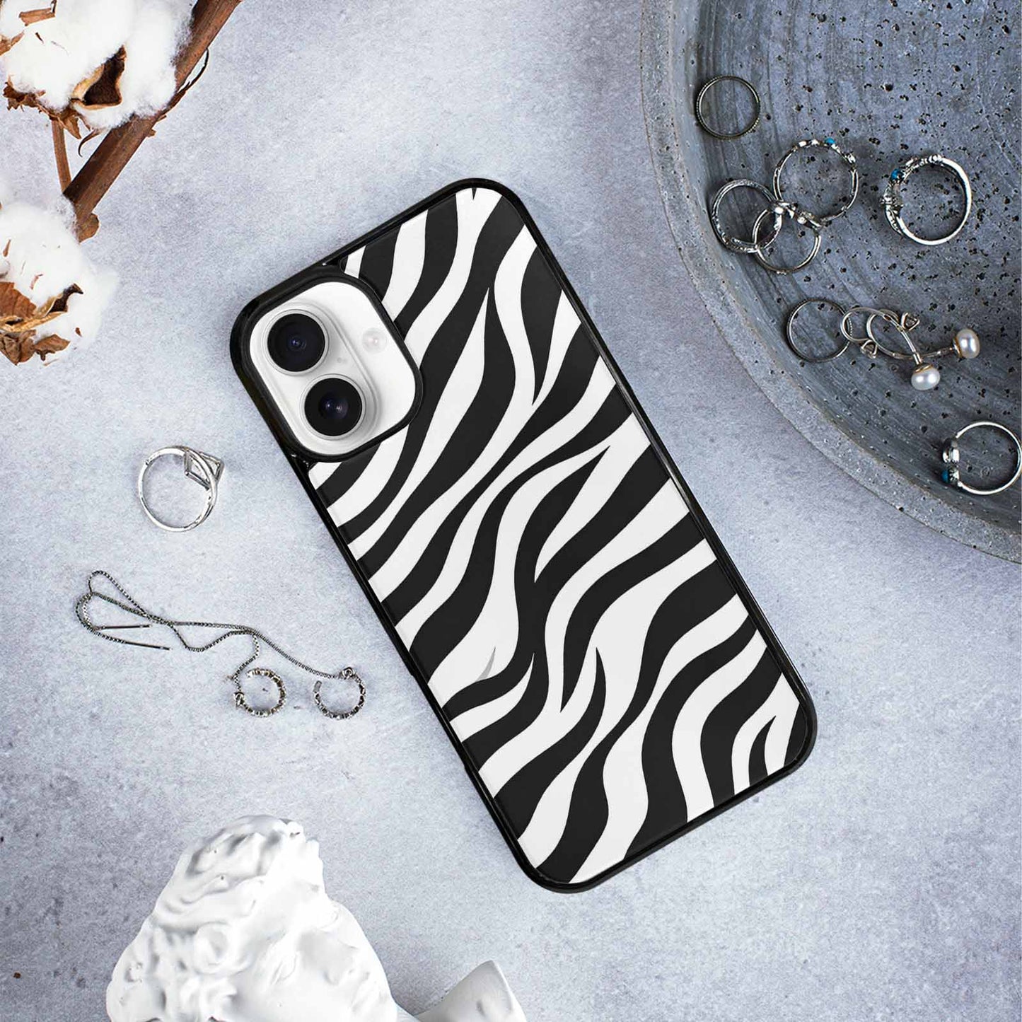 iPhone 16 Plus Case — Zebra Print Black White, Original Design Phone Case