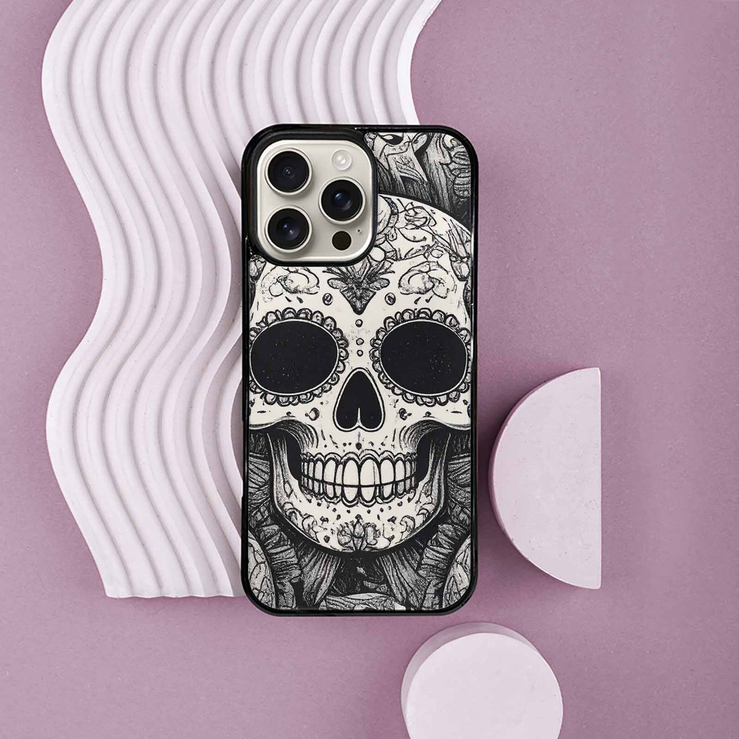 iPhone 16 Pro Max Case — Intricately Detailed Sugar Skulls In Black, Original Design Phone Case