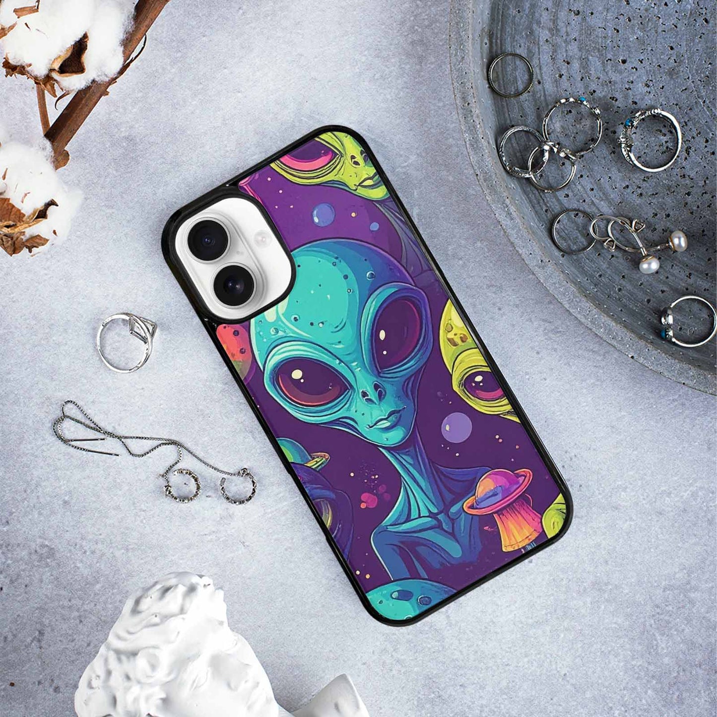 iPhone 16 Plus Case — Alien Ufo Cartoon Art Pattern Groovy, Personalized Phone Case