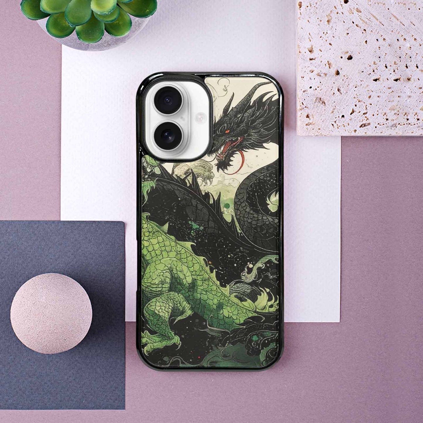iPhone 16 Case — Dragon Scale Black Green Ink Dragons, Custom Designed Case Cover