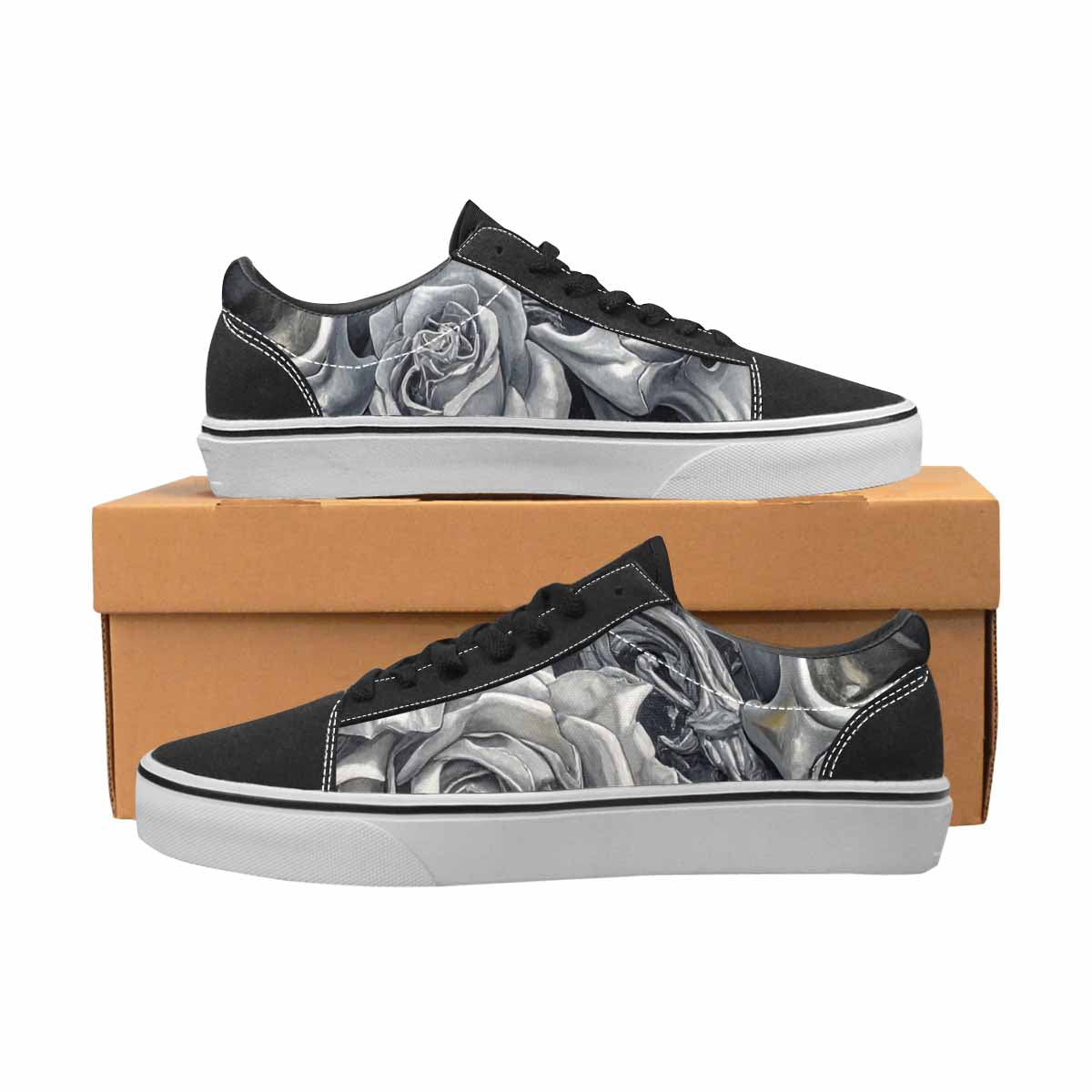 WOMEN'S Skulls Roses Chrome Airbrush Canvas Lace-Up Dark Academia Custom Sneakers