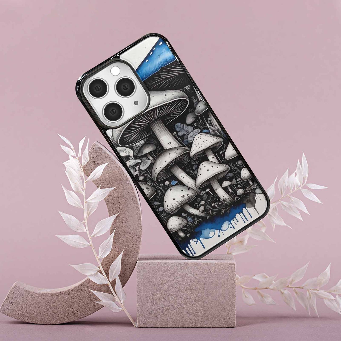 iPhone 15 Pro Max Case — Mushrooms General Black Blue Ink Mushrooms, Customized Protective Case