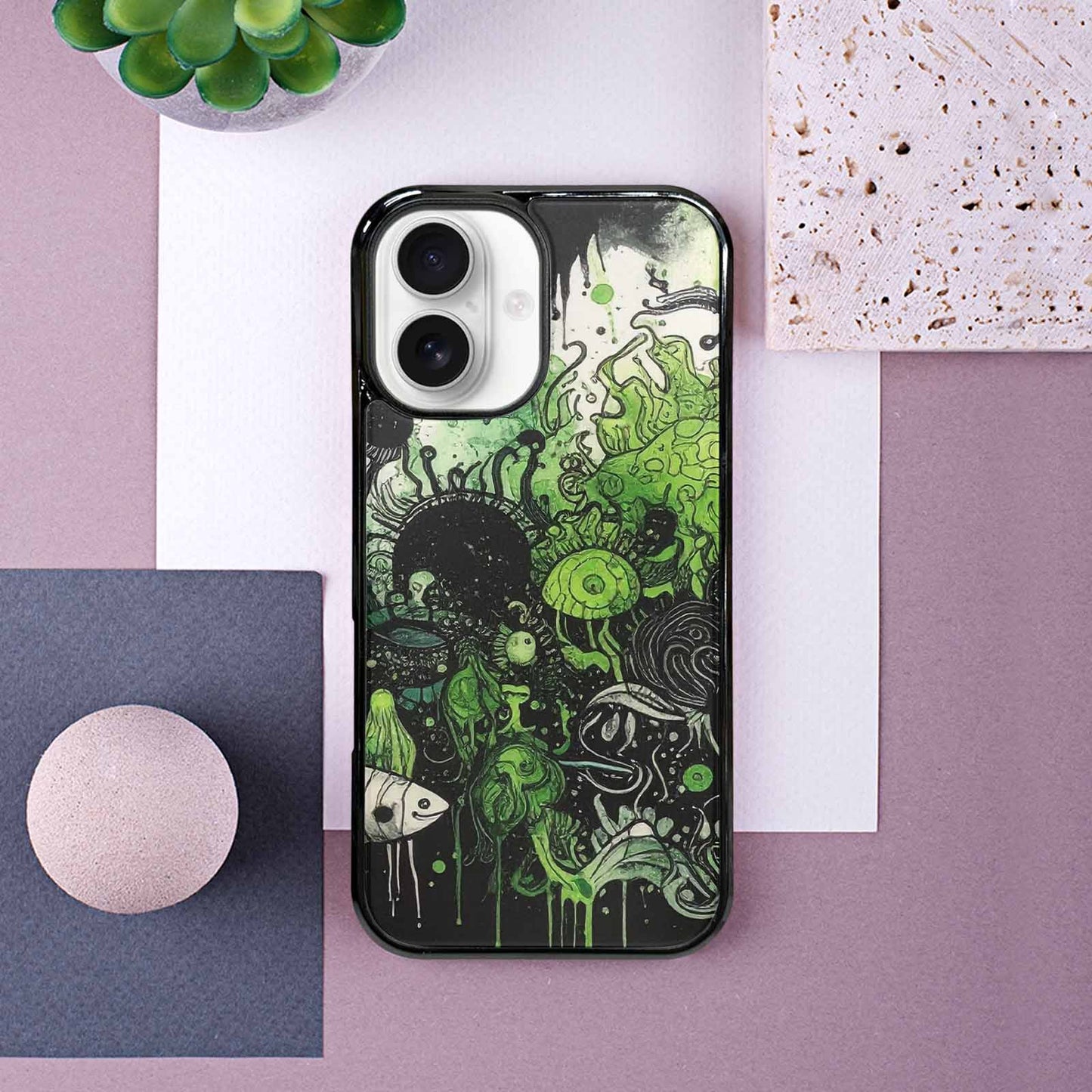 iPhone 16 Case — Sea Creature Burst Black Green Ink, Custom Printed Phone Case