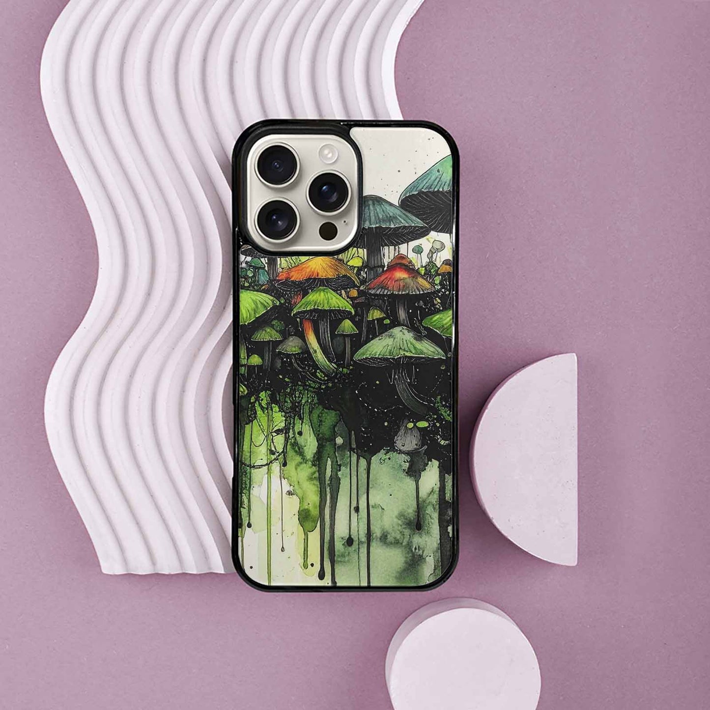 iPhone 16 Pro Max Case — Rainbow Drip Mushrooms Black Green Ink, Custom Art Phone Cover