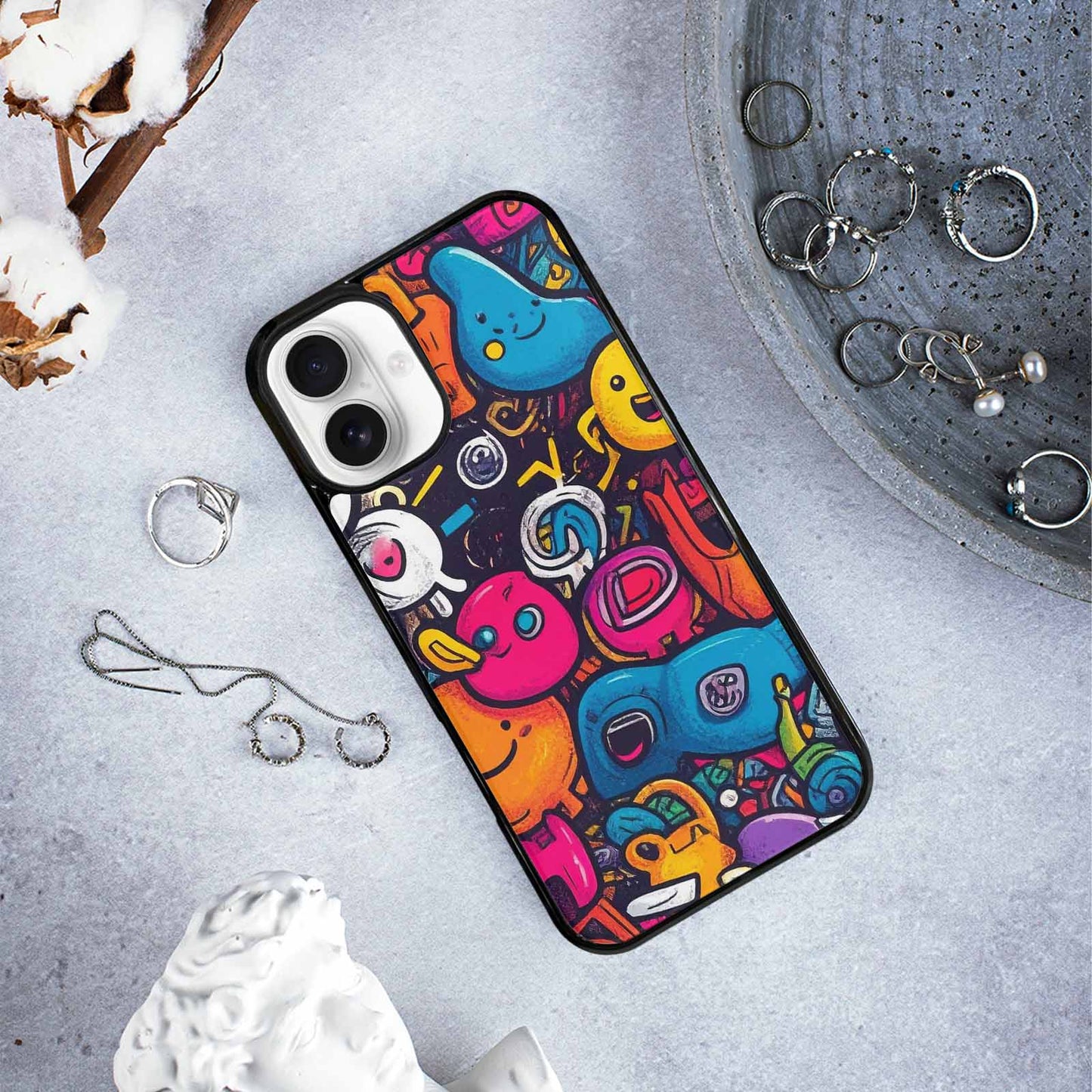 iPhone 16 Plus Case — Hand Drawn Icon Doodle Pattern Hundreds, Custom Art Phone Cover