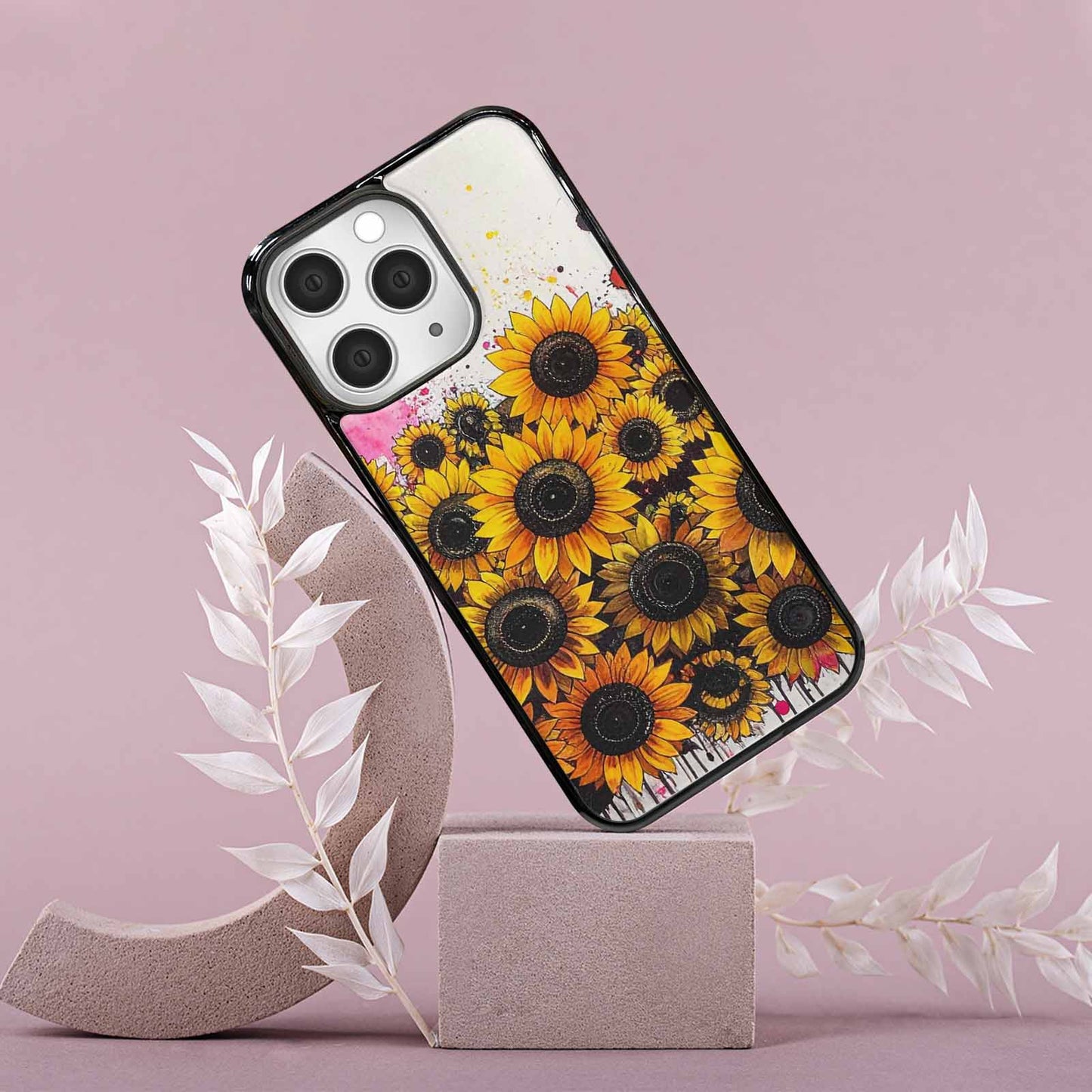 iPhone 15 Pro Max Case — Sunflower Burst Black Pink Ink Sunflowers, Customized Protective Case
